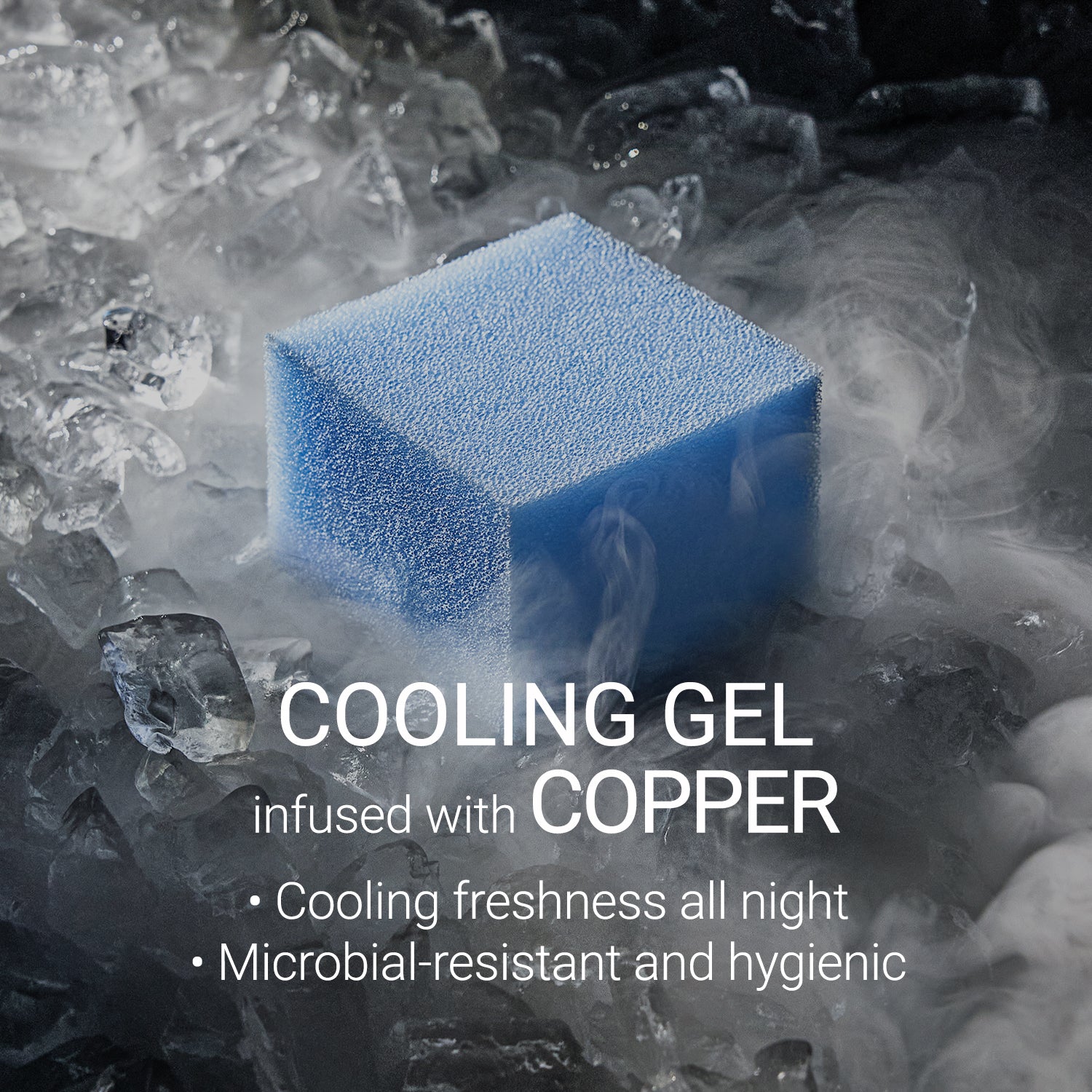 Close-up of copper-infused cooling gel foam cube used in Lifement mattresses for all-night cooling freshness and microbial resistance