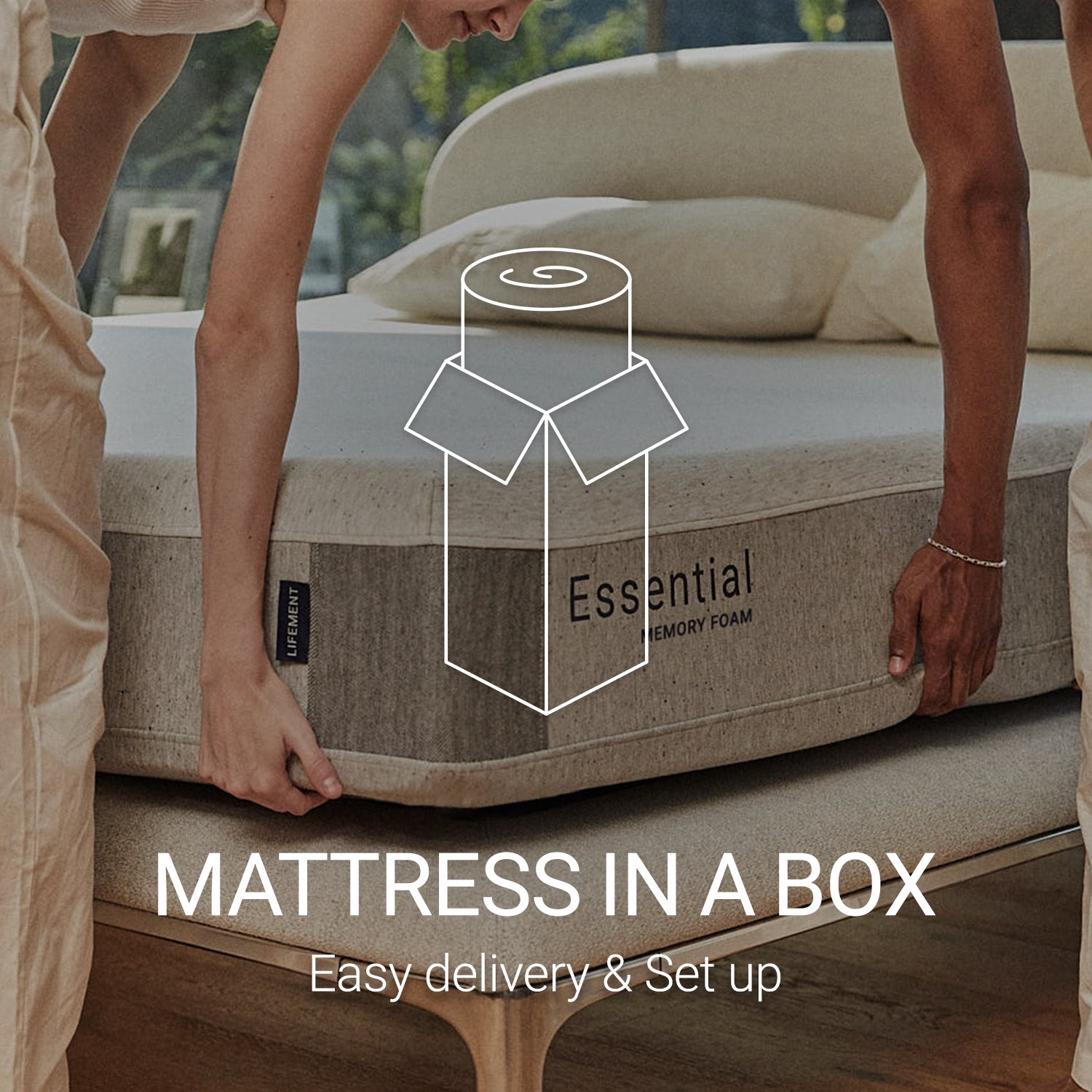Lifement Essential Mattress in a box: hands unboxing a compressed mattress for easy delivery and setup