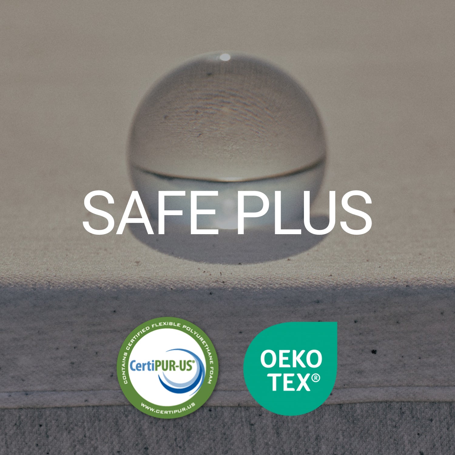 Lifement Safe Plus certification badges with CertiPUR-US and OEKO-TEX Standard 100 logos for non-toxic cooling gel mattress materials