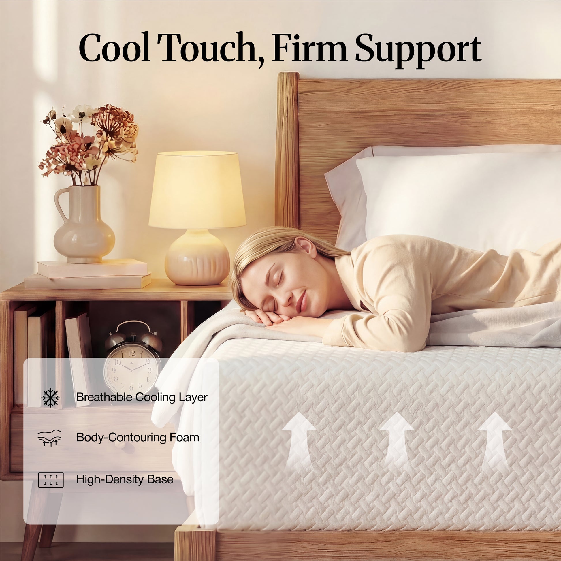 Lifement Element Mattress cool touch and firm support infographic showing breathable cooling layer, body-contouring foam, and high-density base construction
