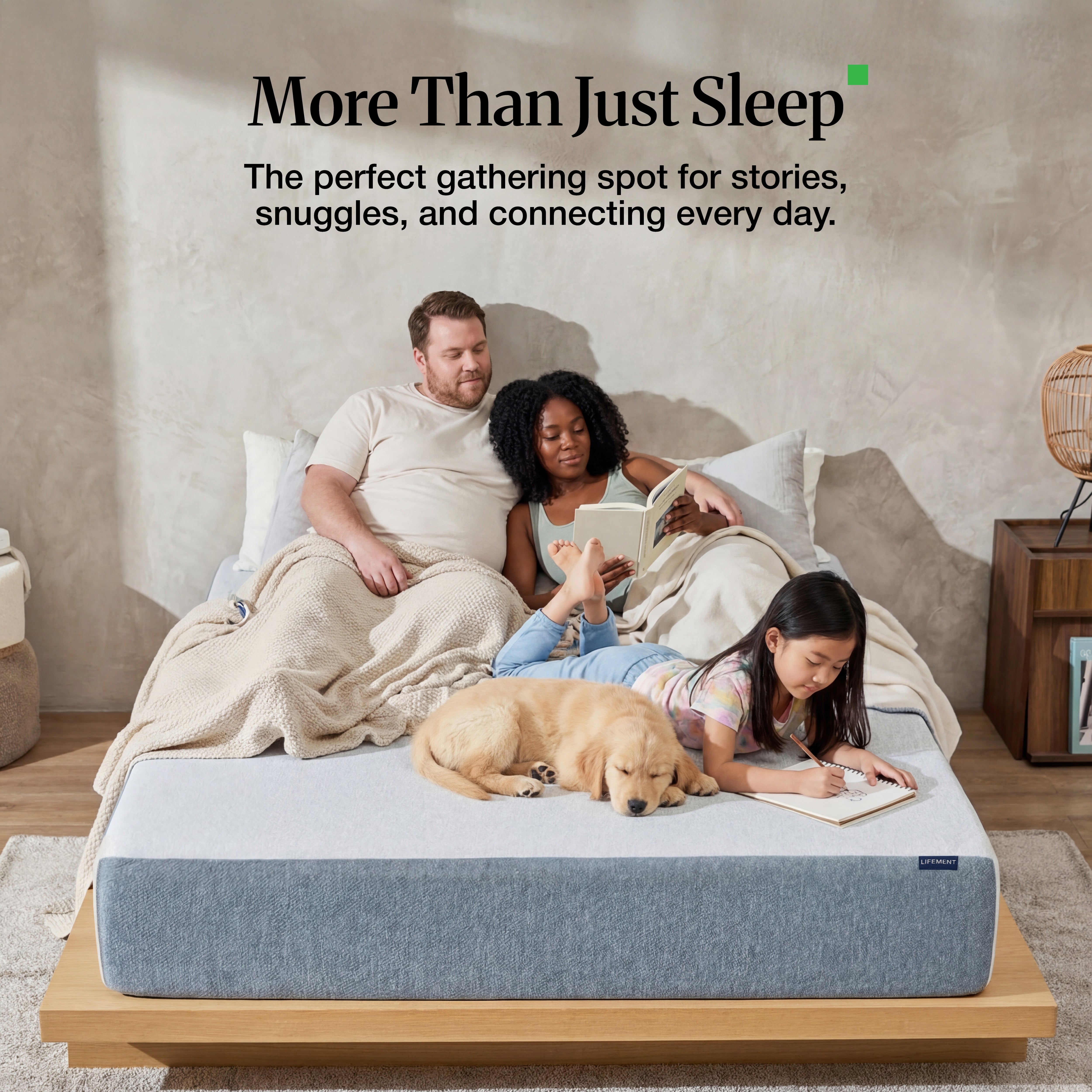 Family gathered on a Lifement mattress highlighting versatile everyday use for stories, snuggles, and connecting