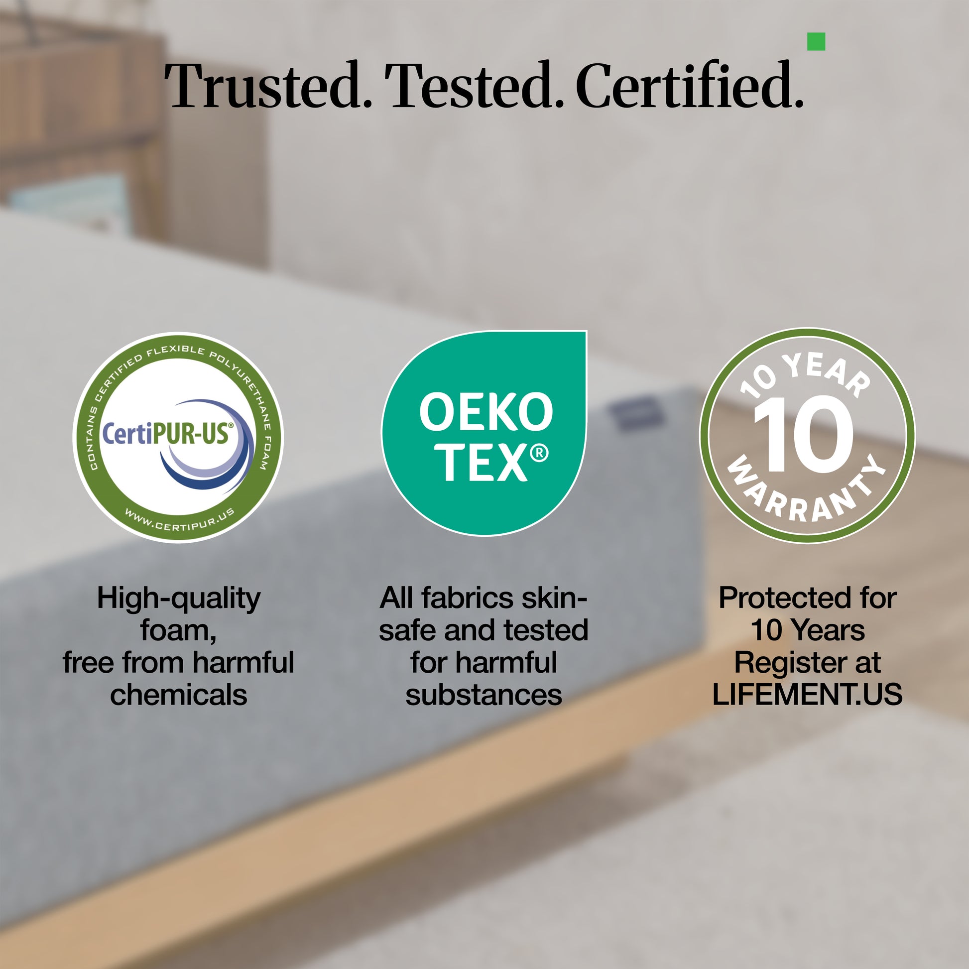 Lifement certification infographic: CertiPUR-US certified foam, OEKO-TEX tested fabrics, and 10-year warranty badge