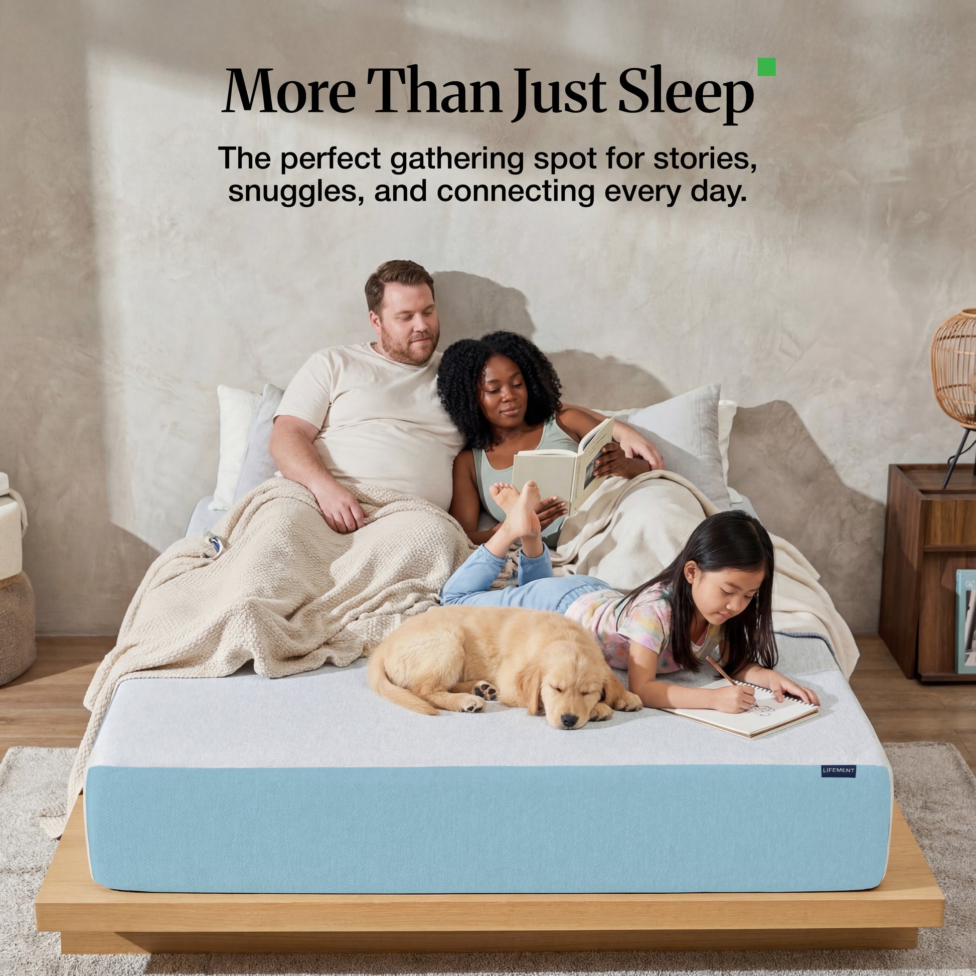 Family gathered on a Lifement cooling gel mattress highlighting versatile everyday use for stories, snuggles, and connecting