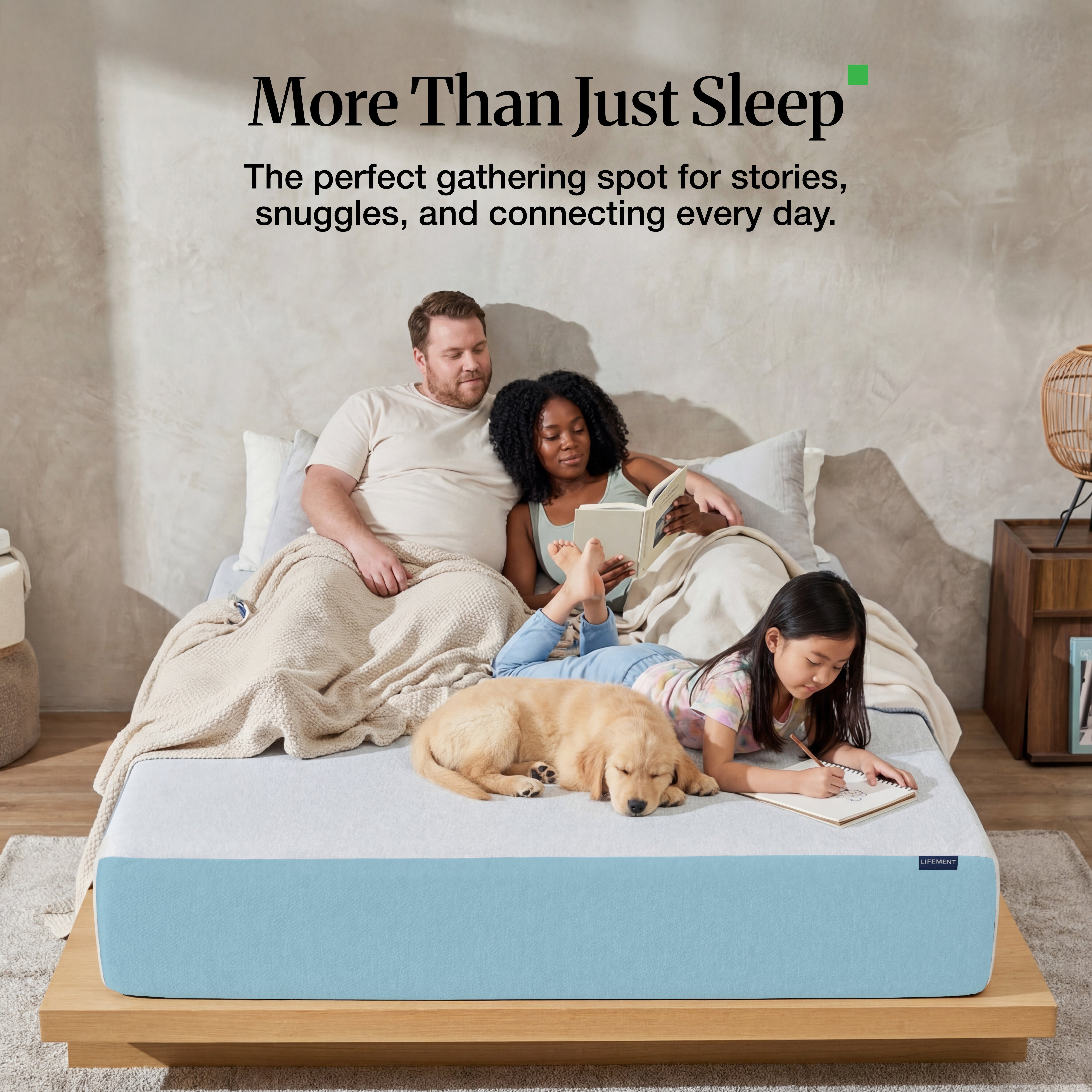 Family gathered on a Lifement cooling gel mattress highlighting versatile everyday use for stories, snuggles, and connecting