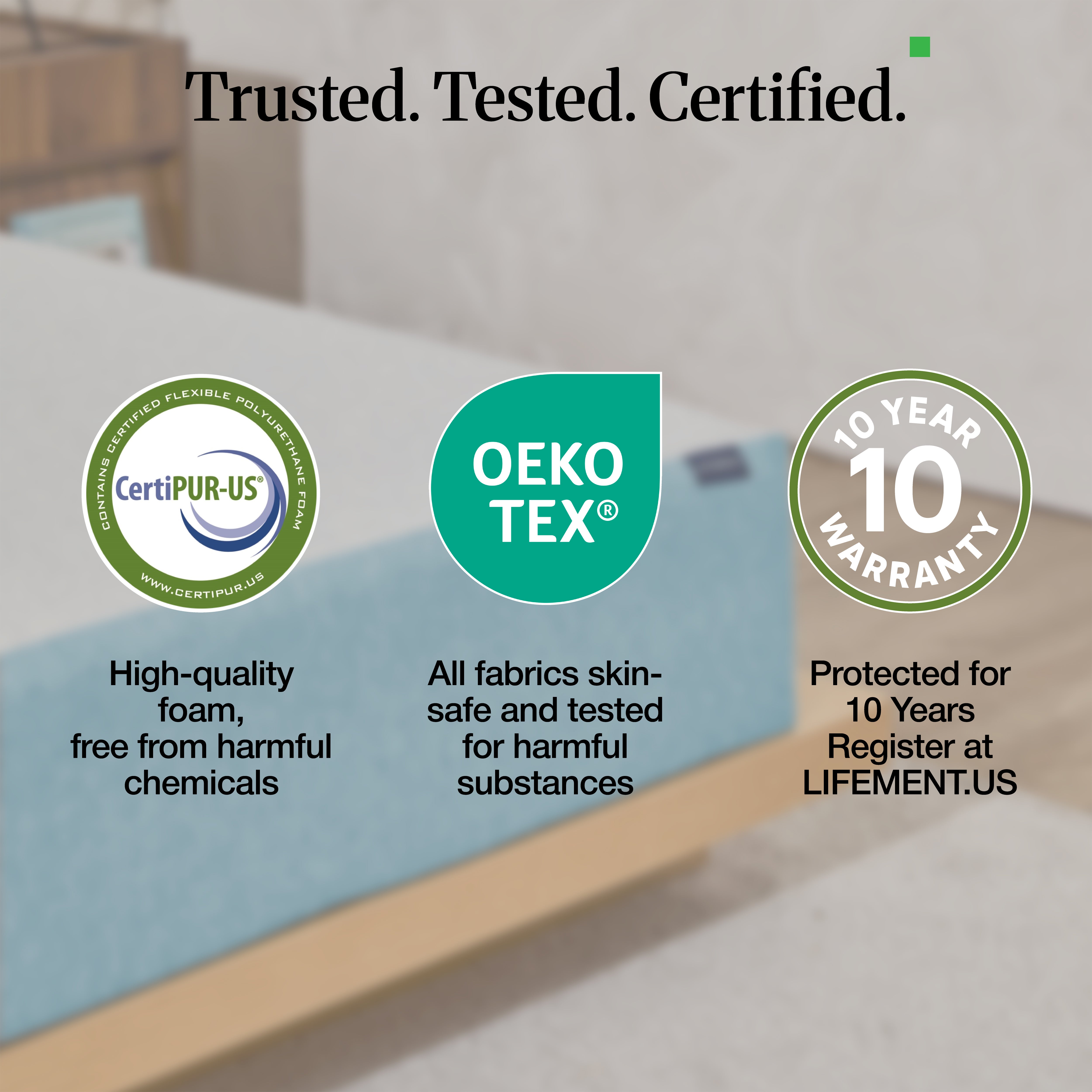 Lifement certification infographic: CertiPUR-US certified foam, OEKO-TEX tested fabrics, and 10-year warranty badge