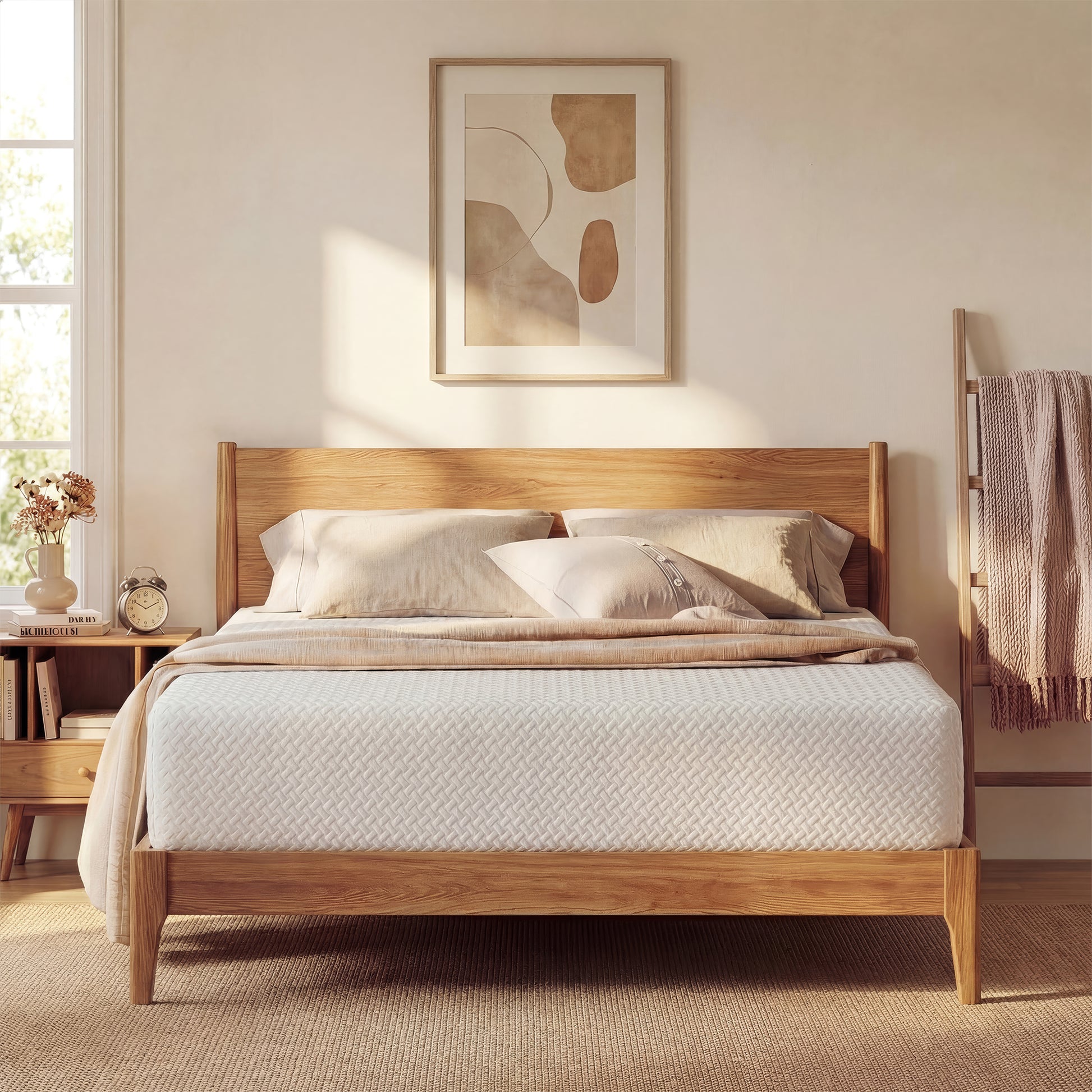 Lifement Element Green Tea Memory Foam Mattress with white quilted cover on a natural wood bed frame with headboard in a sunlit bedroom with sage green bedding