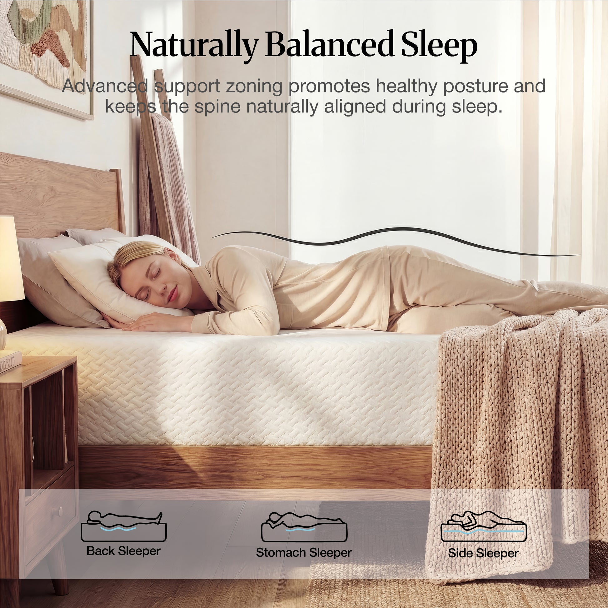 Lifement Element Green Tea Mattress naturally balanced sleep infographic showing healthy spinal alignment for back, stomach, and side sleepers