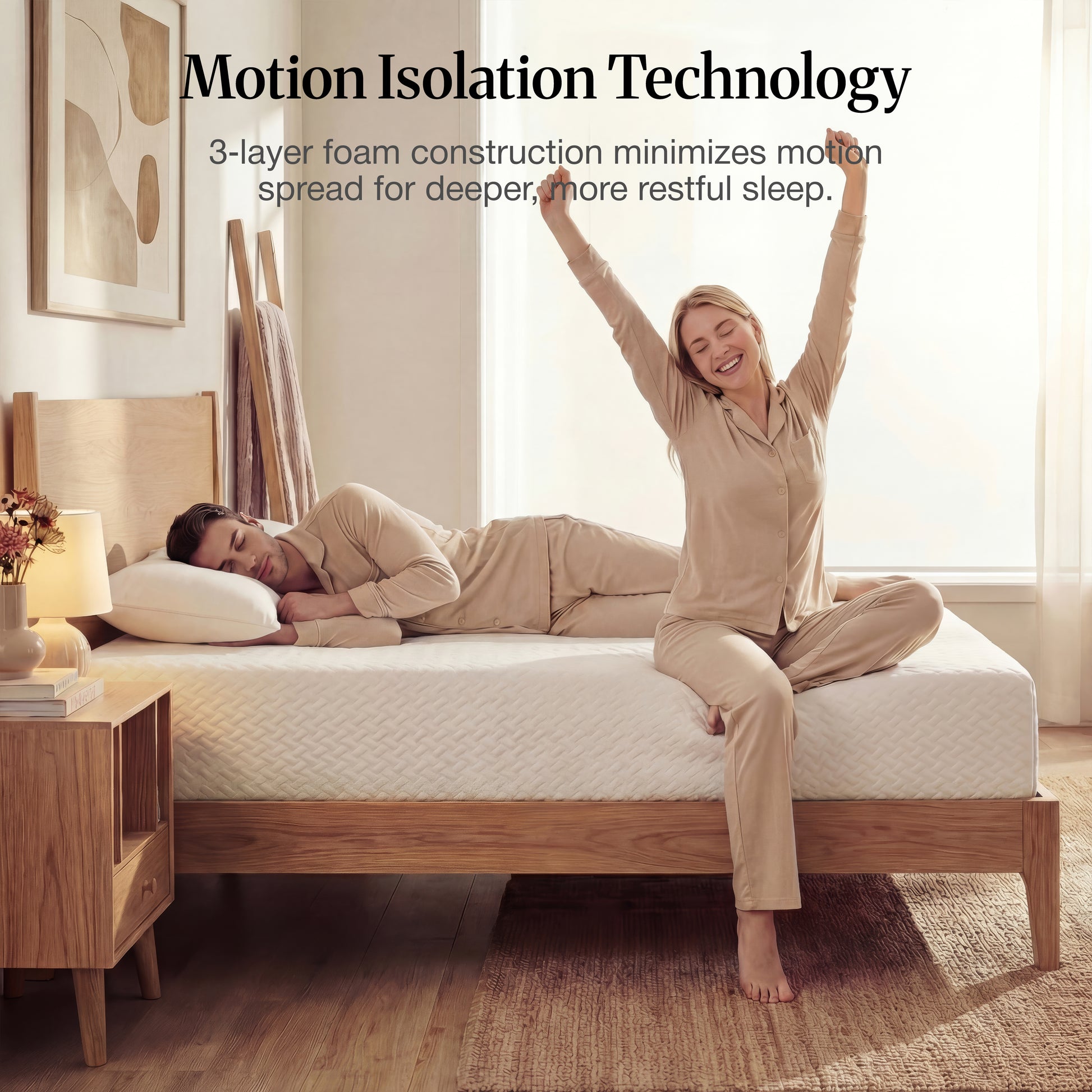Woman stretching on Lifement Element Green Tea Mattress demonstrating motion isolation technology with 3-layer foam construction for undisturbed sleep