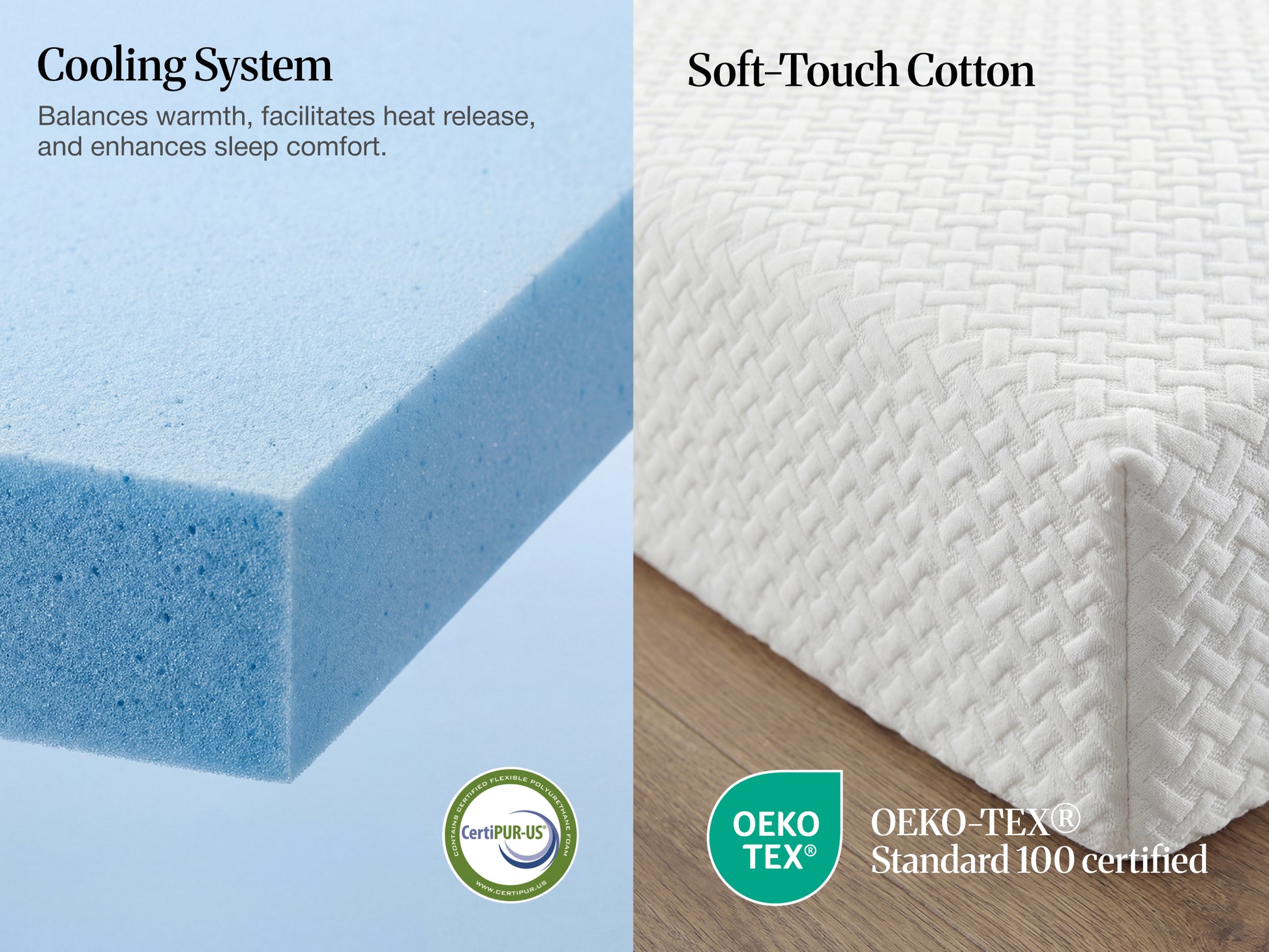 Lifement Element Mattress cooling system and soft-touch cotton cover infographic with OEKO-TEX and CertiPUR-US certification badges