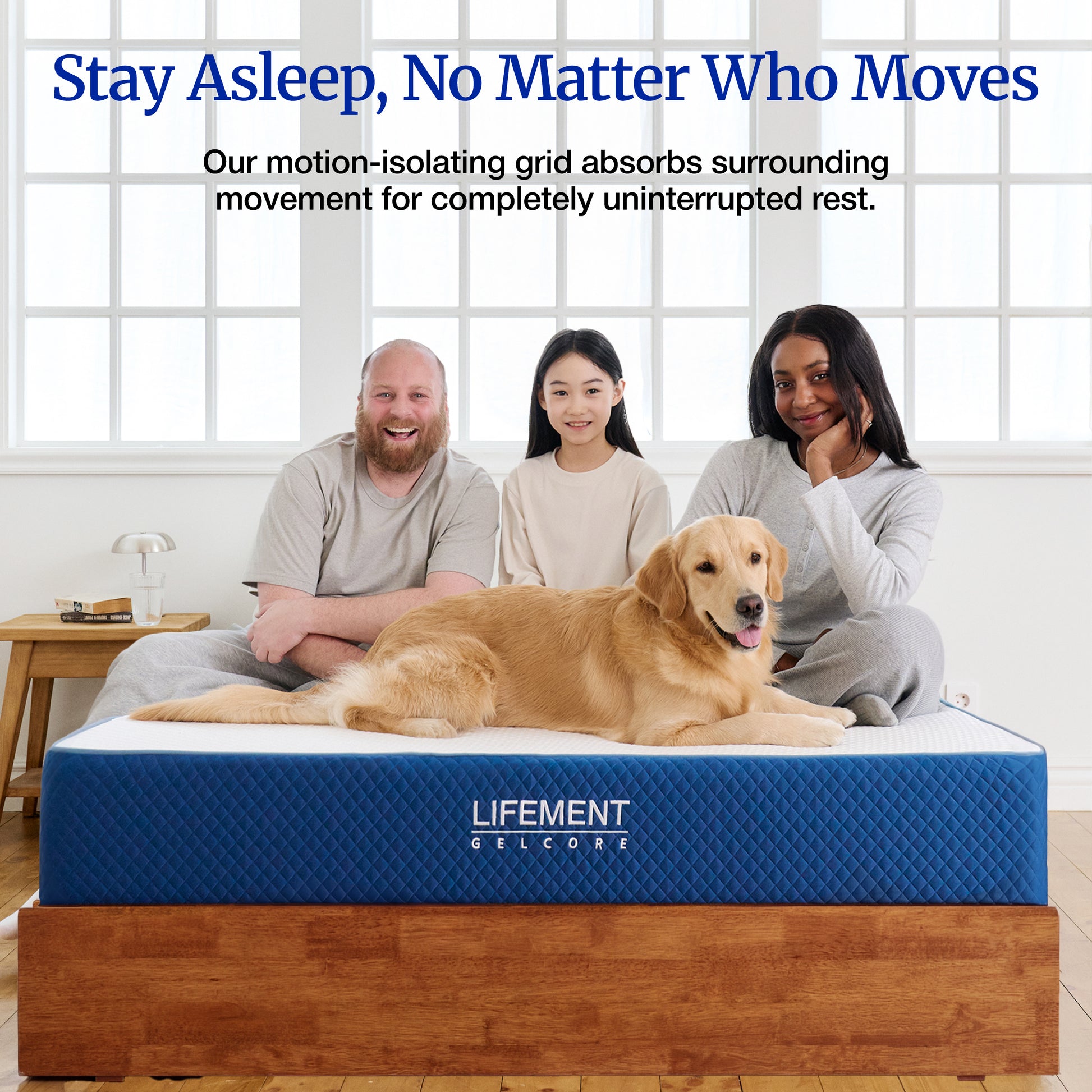 Family and dog relaxing on Lifement Gel Core Grid Mattress demonstrating motion-isolating grid technology that absorbs movement for uninterrupted sleep