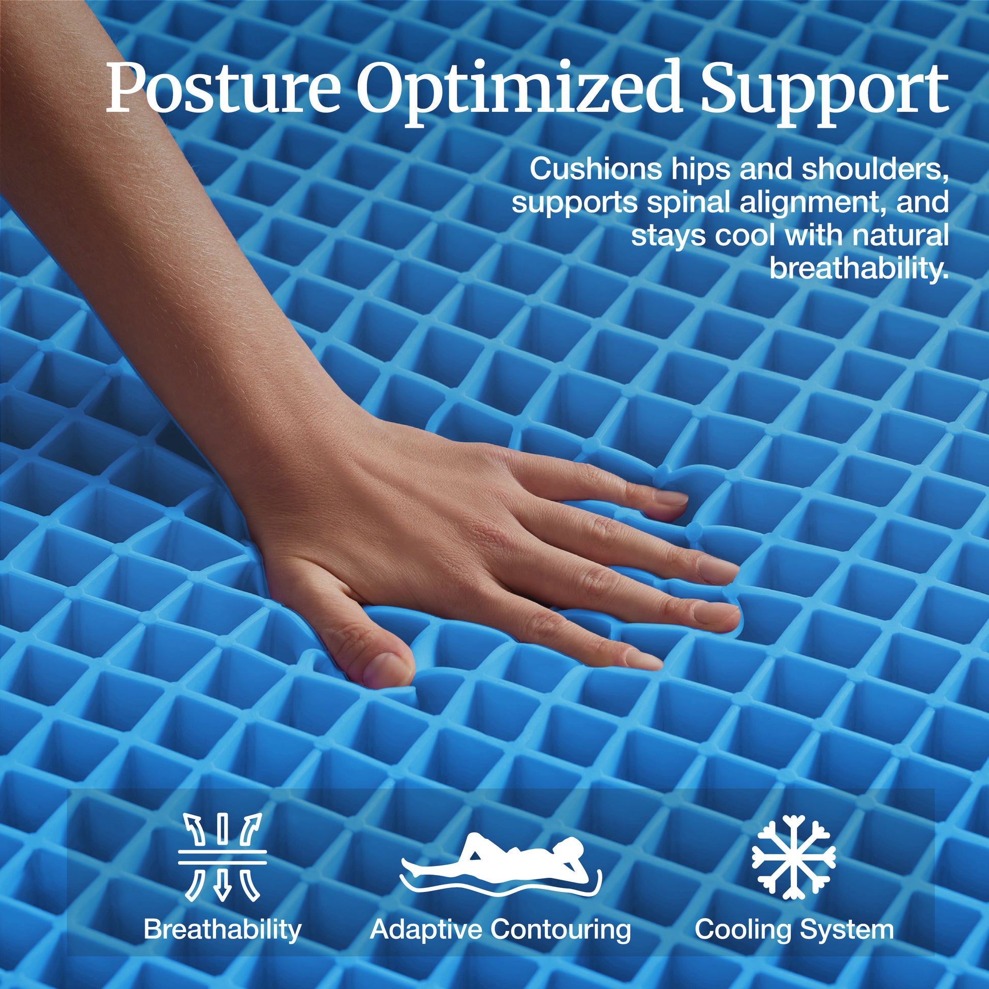 Hands pressing into Lifement Gel Core Grid surface demonstrating posture-optimized support with breathability, adaptive contouring, and cooling system icons