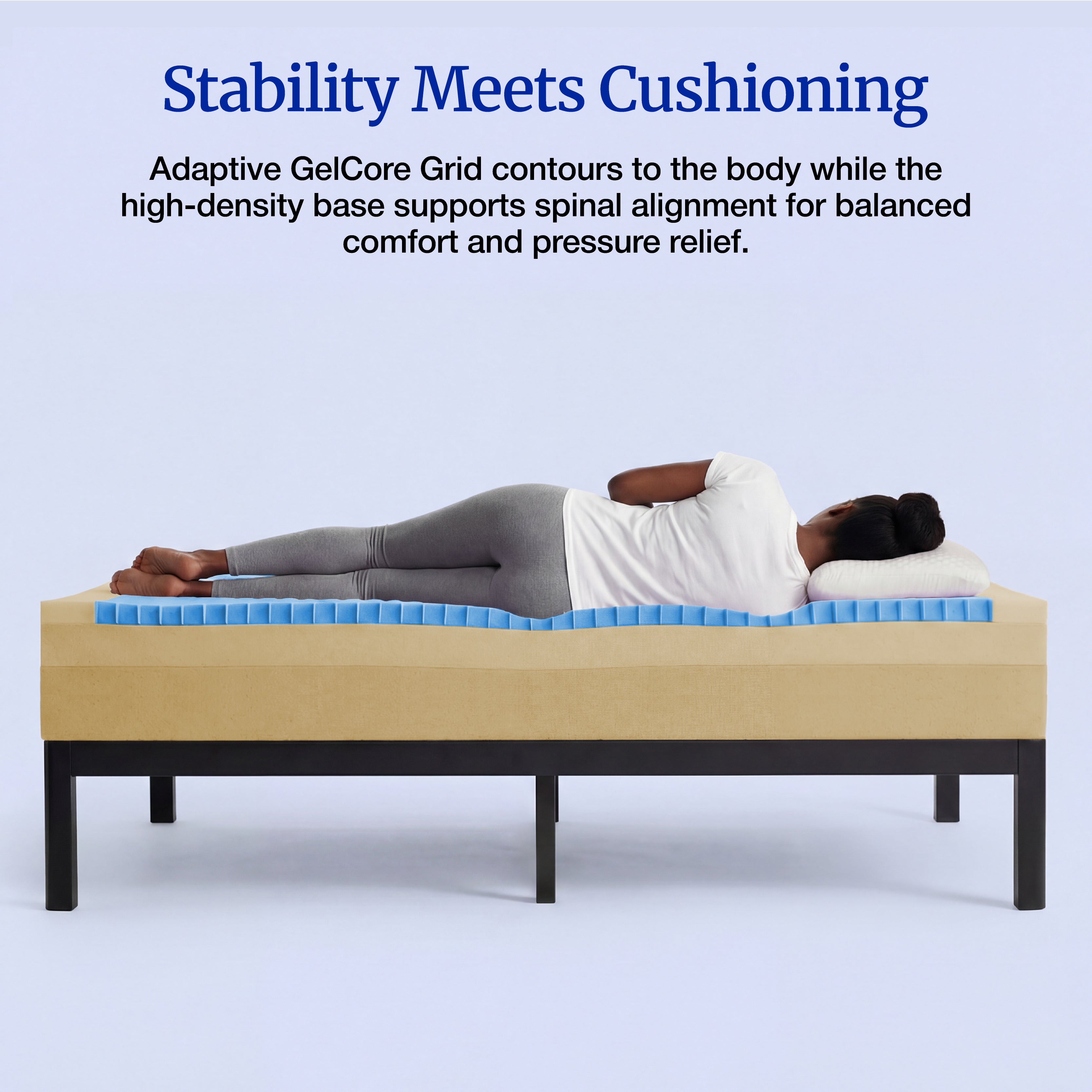 Lifement Gel Core Grid Mattress on a bed frame showing adaptive body contouring for balanced comfort and pressure relief with medium firmness scale