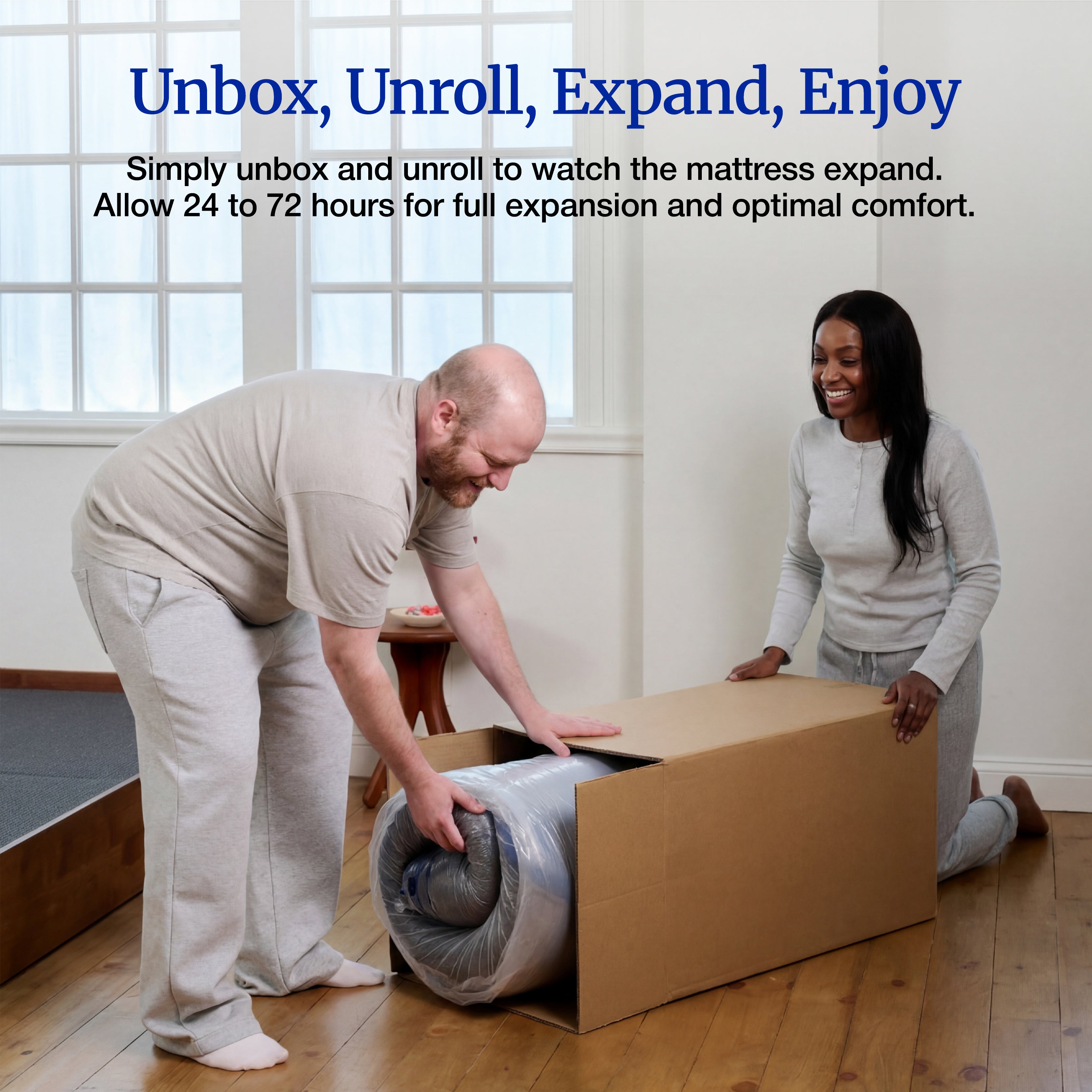 Woman and man unboxing a Lifement Gel Core Grid Mattress from its shipping box with instructions to allow 24 to 72 hours for full expansion