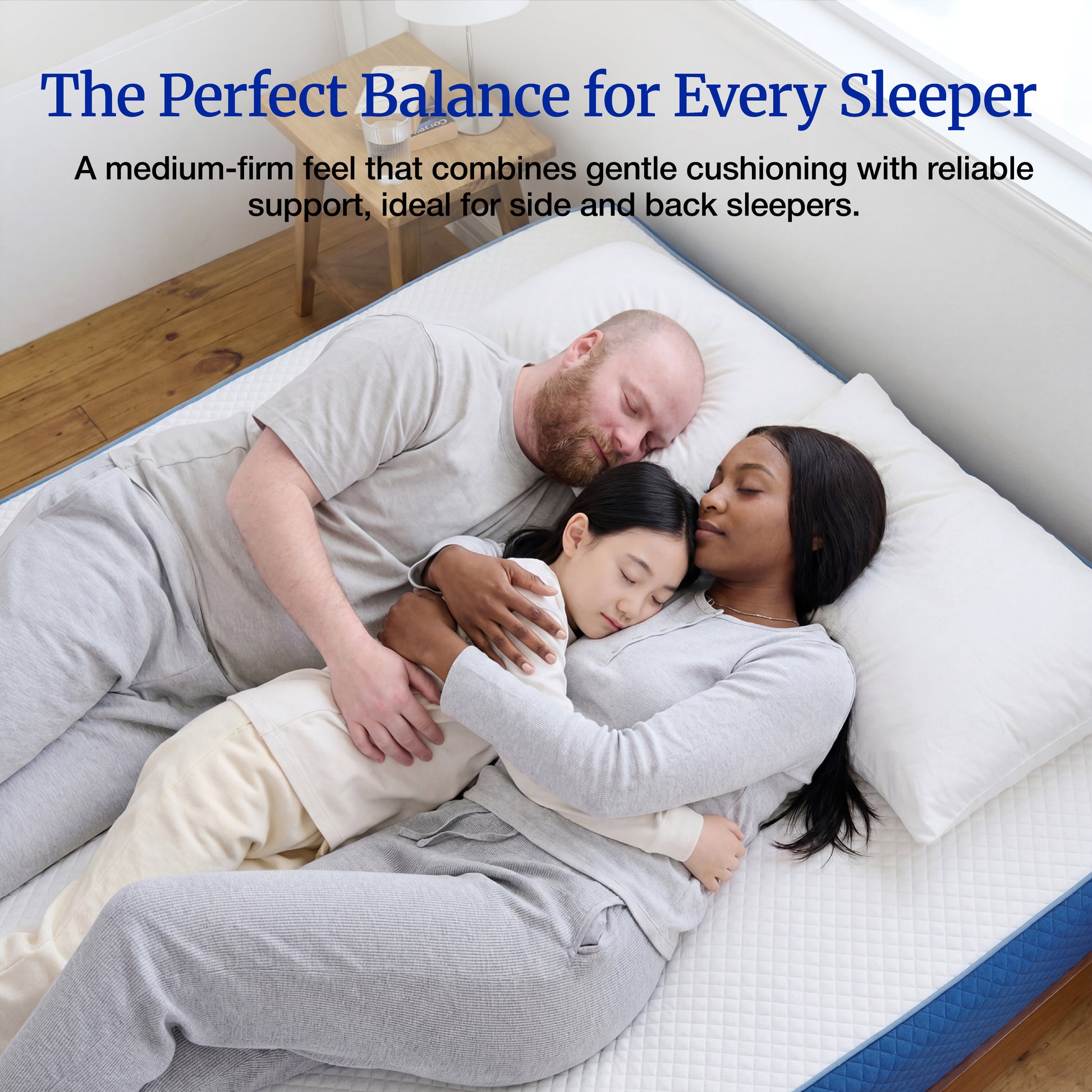 Family lying on Lifement Gel Core Grid Mattress showcasing medium-firm feel with gentle cushioning and reliable support for side and back sleepers