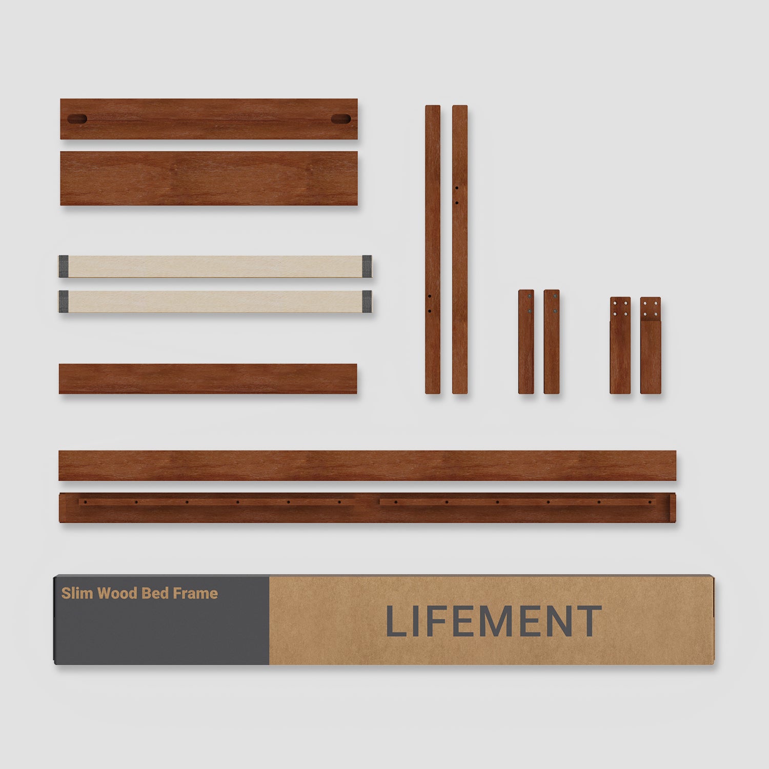 Spread of assembly components for cherry colored wood bed frame