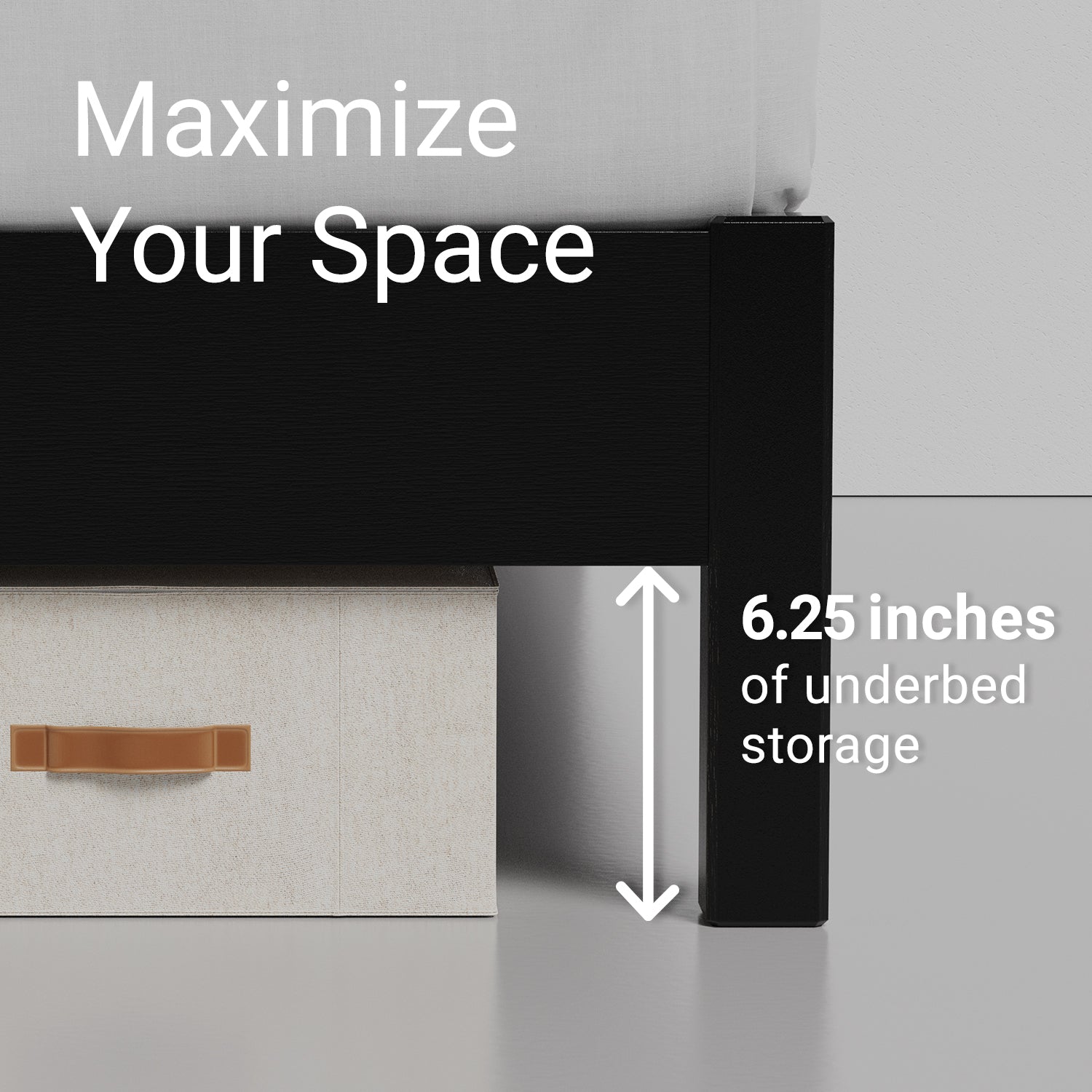 Demonstration of 6.25 inches of vertical storage underneath a black wooden bed frame
