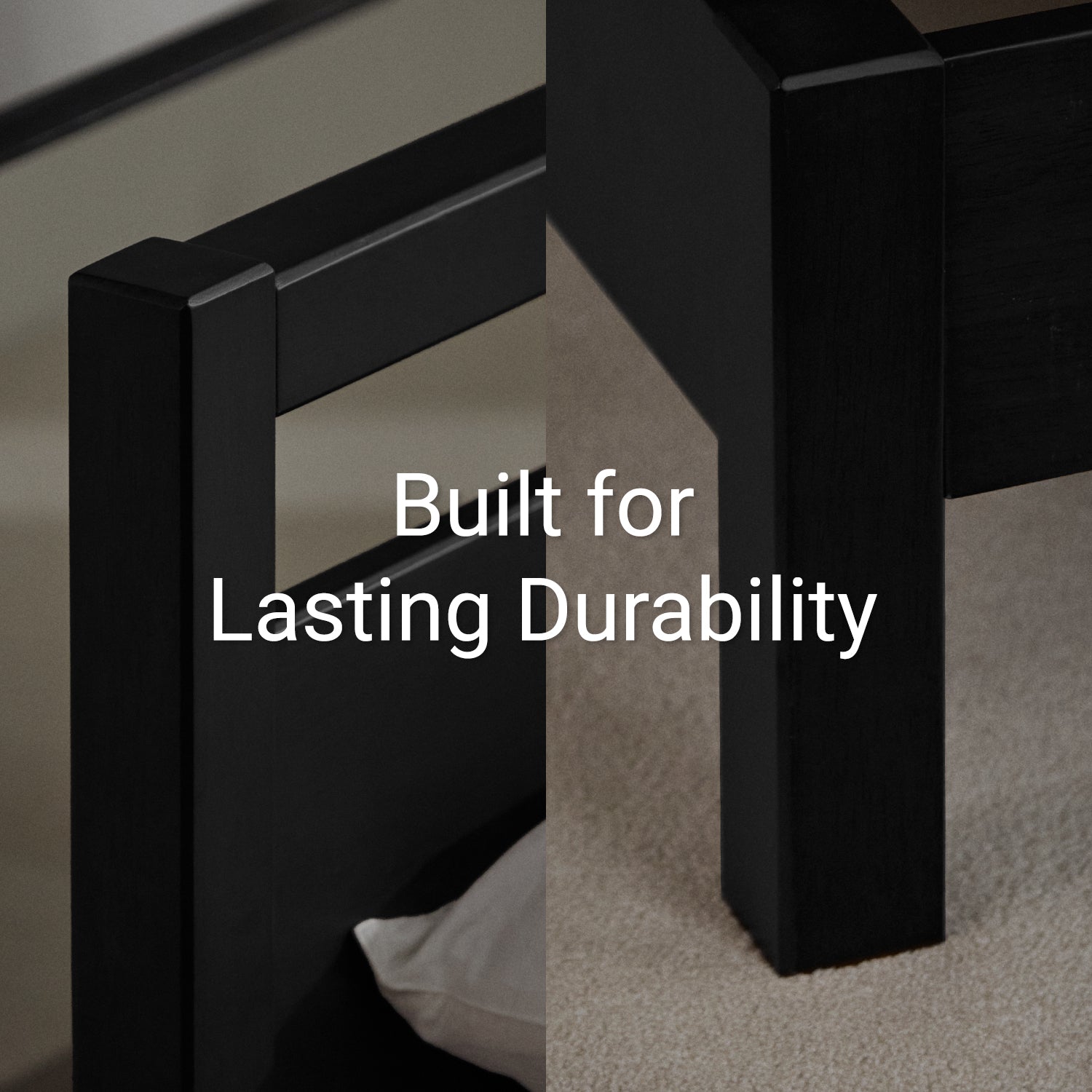 Corners of the foot and head of a black wooden bed frame