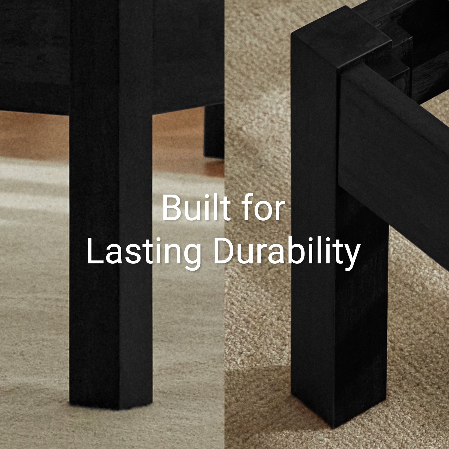 Close-up of Lifement Classic Bed Frame corner legs in black finish showing solid rubber wood construction and durable joinery