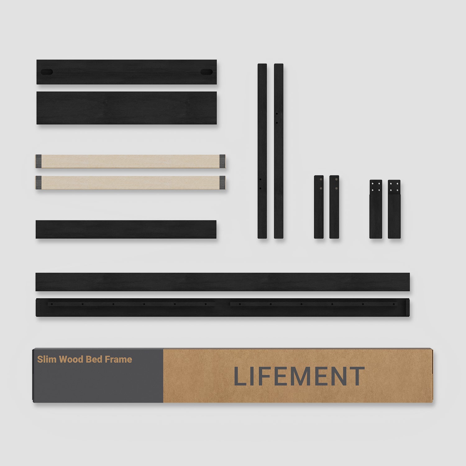 A spread of assembly components for a black wooden bed frame with headboard