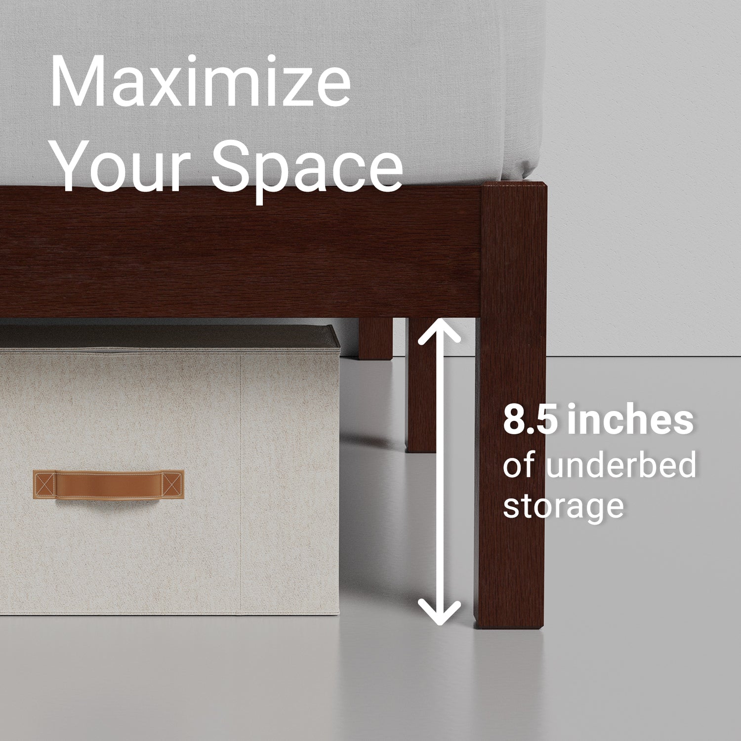 Lifement Classic Bed Frame in walnut with 8.5 inches of under-bed storage clearance infographic