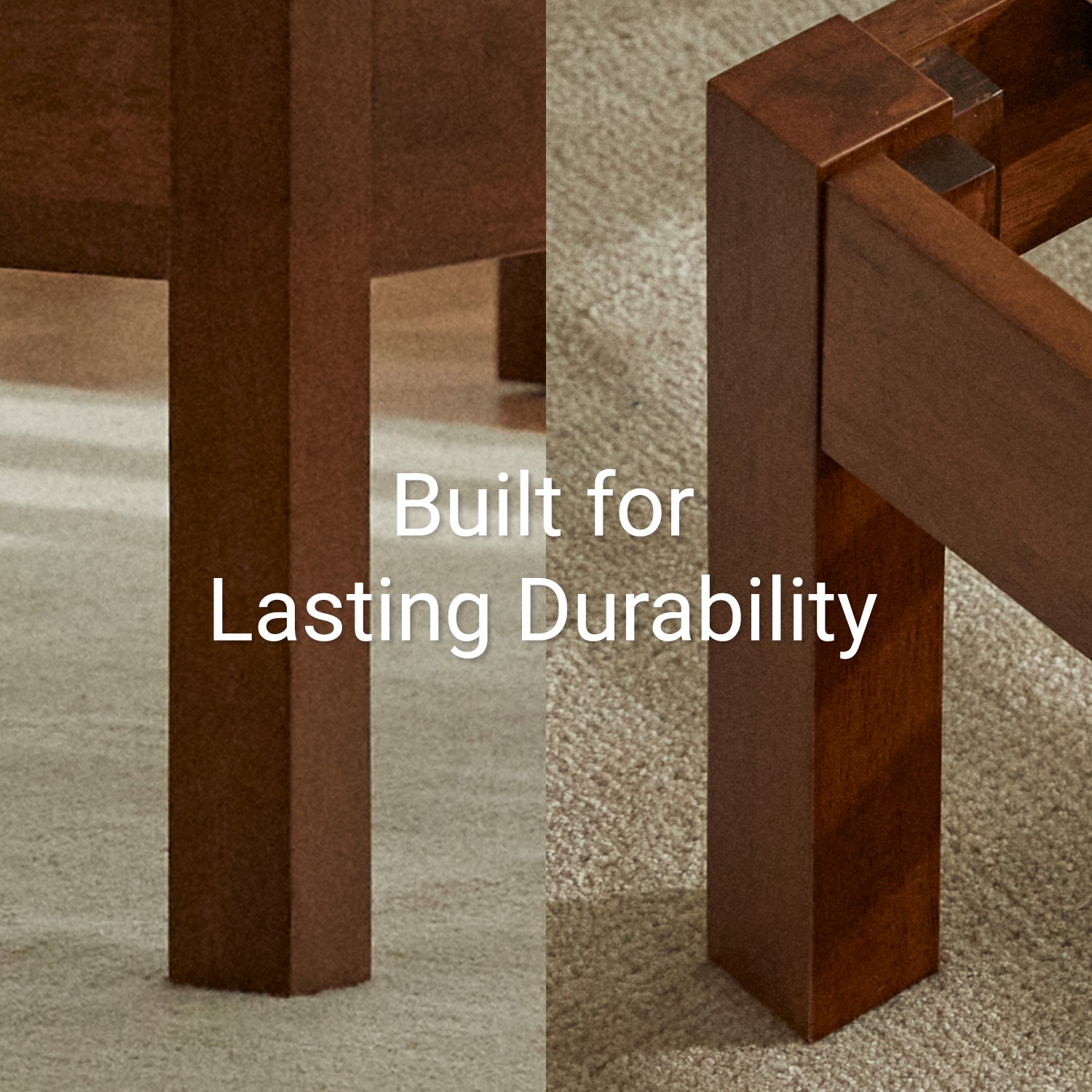 Close-up of Lifement Classic Bed Frame corner legs in cherry finish showing solid rubber wood construction