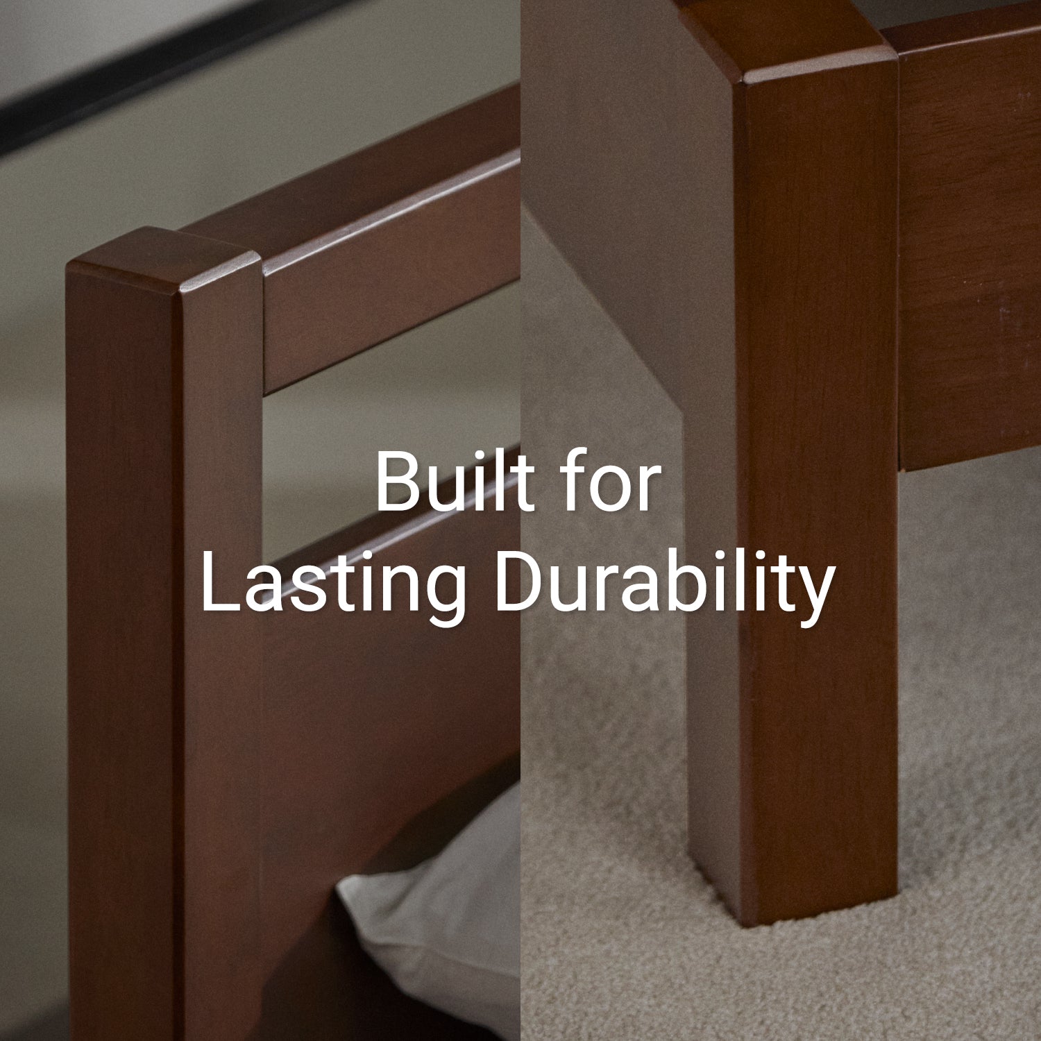 cherry colored wooden bed frame with 'Built for Lasting Durability' text