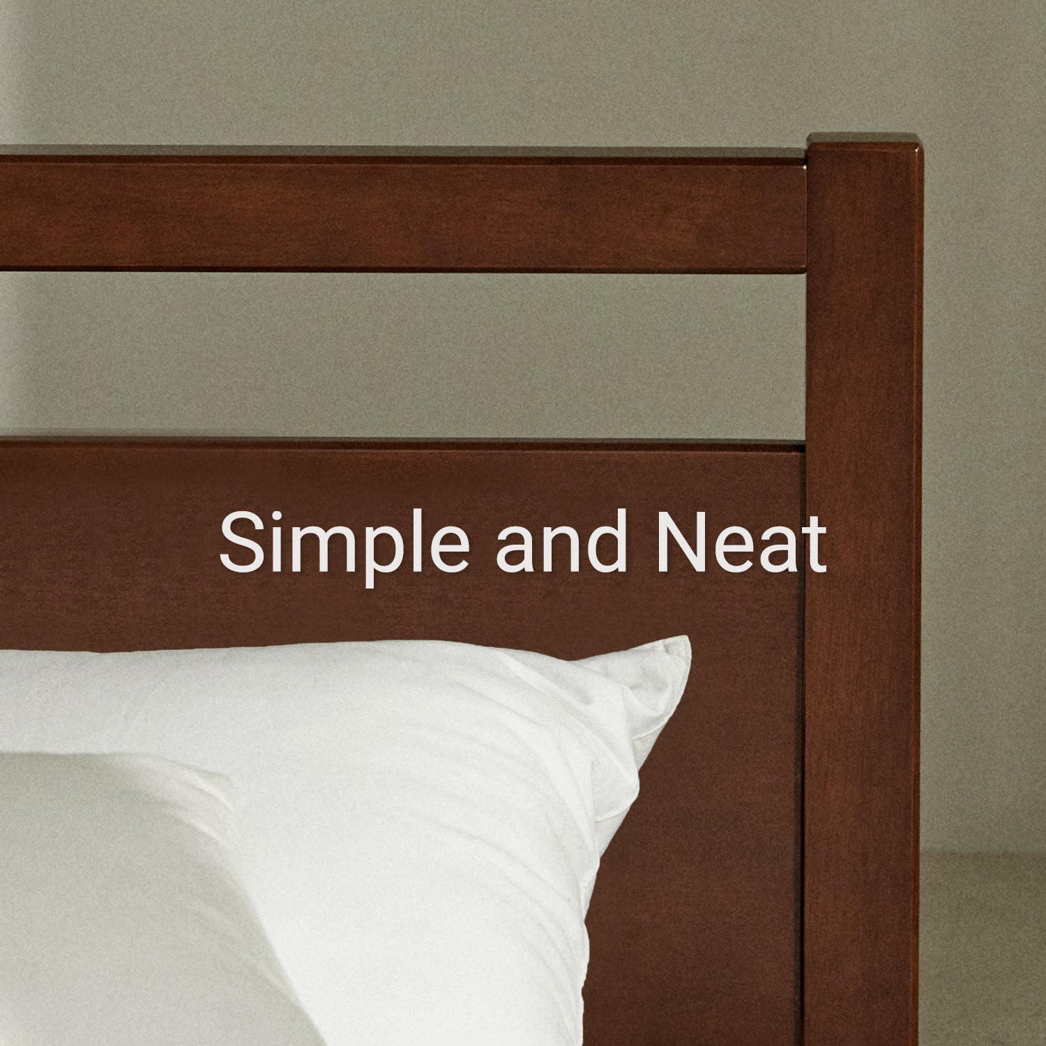 Cherry colored wooden headboard with a pillow and text 'Simple and Neat' on a plain background