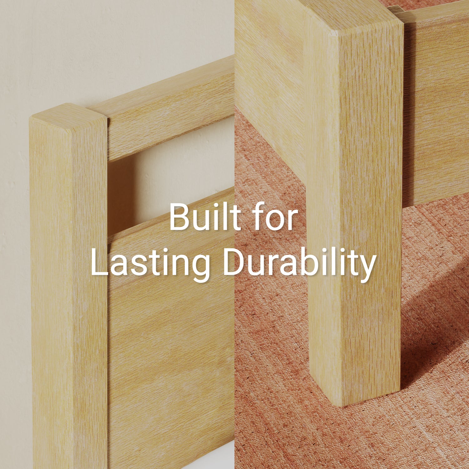 Close-up of natural colored bed frame legs with 'Built for Lasting Durability' text.