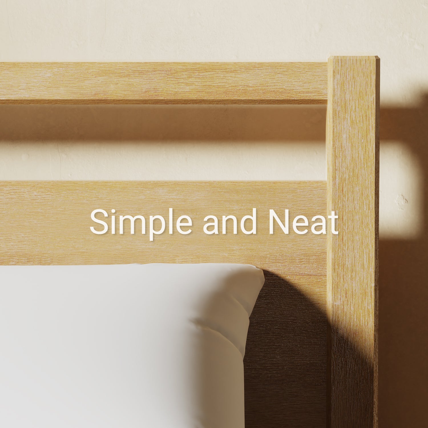 Natural colored wooden headboard with 'Simple and Neat' text on a neutral background