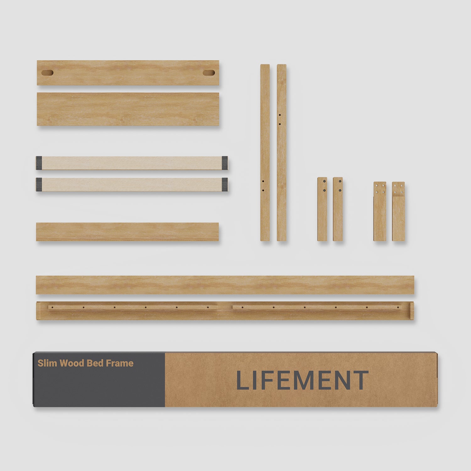 A spread of assembly components for a natural colored wood bed frame