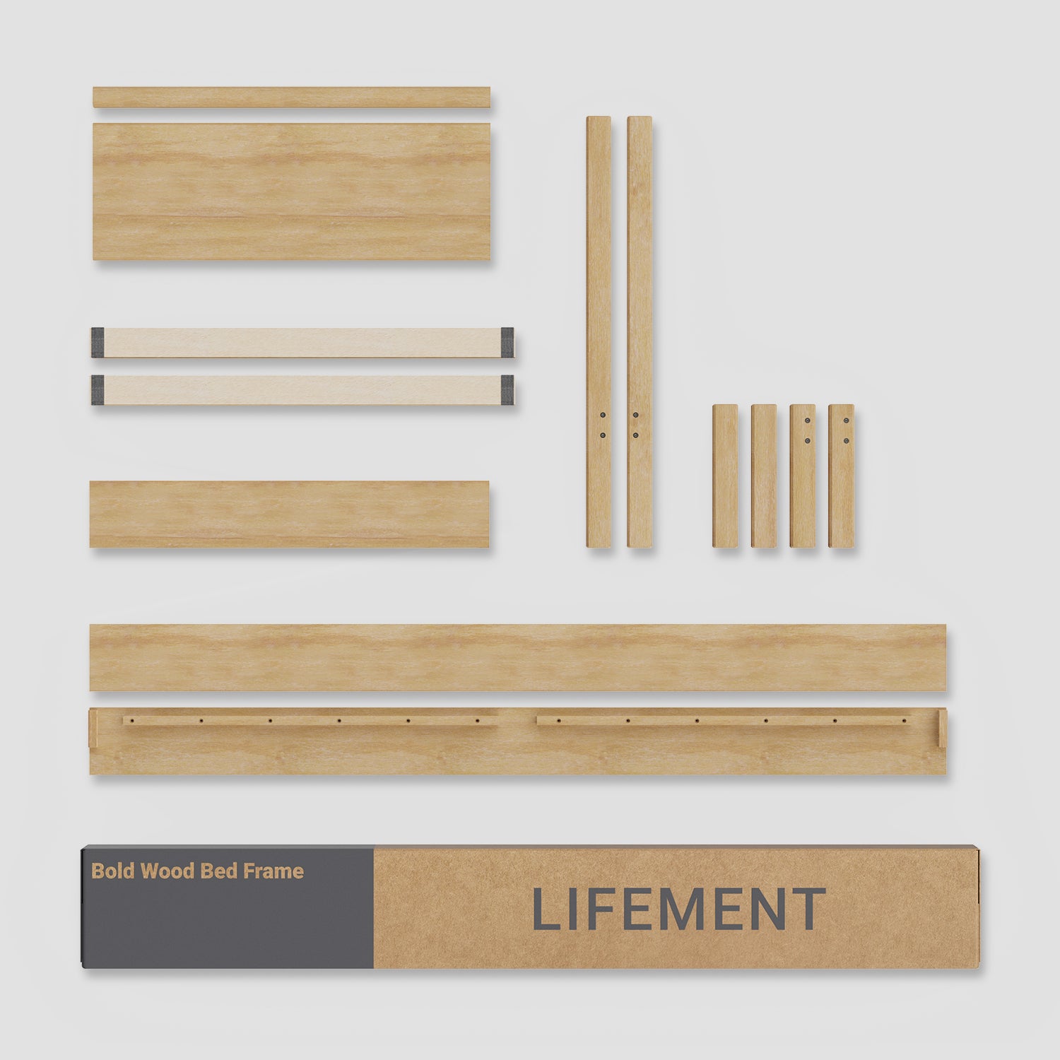 Natural colored wooden bed frame components and packaging labeled 'LIFEMENT' on a light gray background