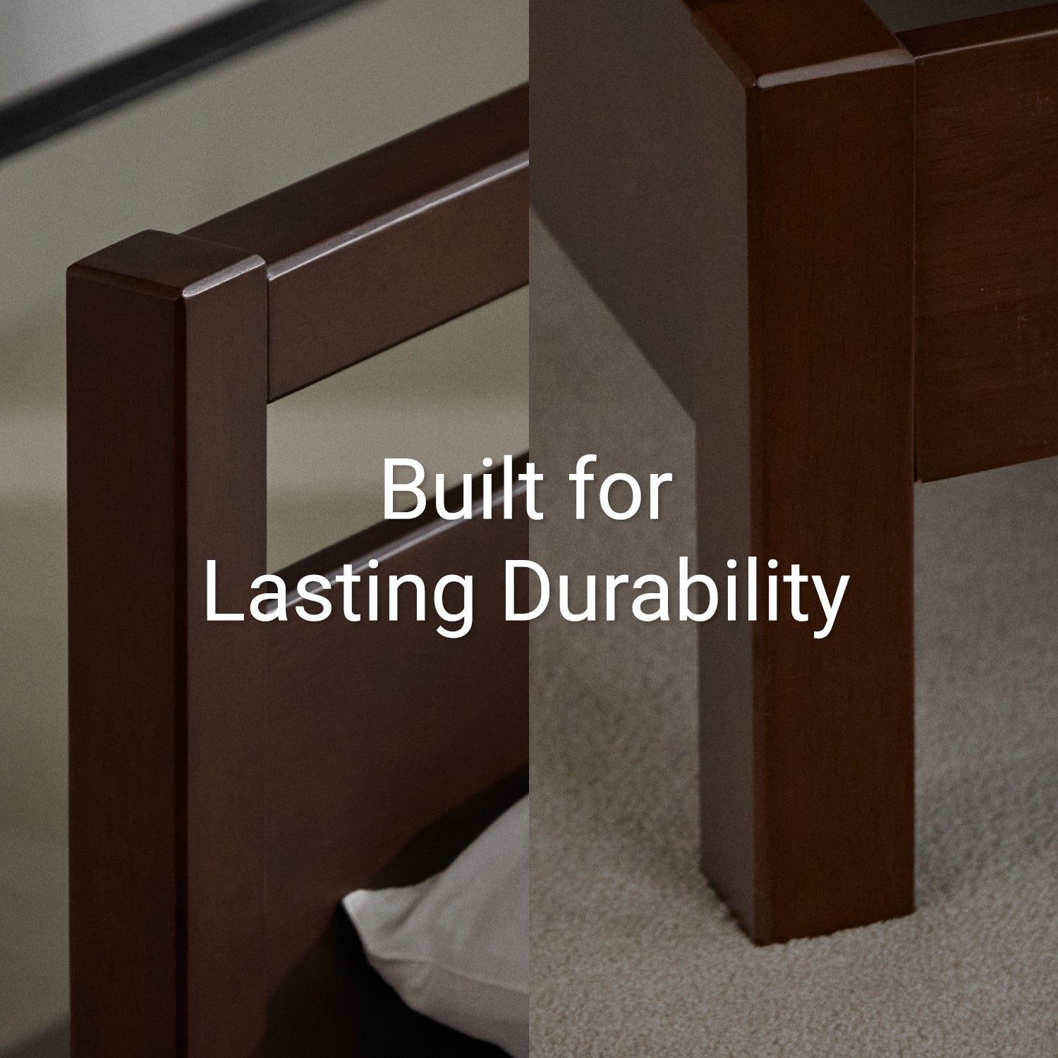 Corner of walnut colored wood bed frame with text, 'Built for Lasting Durability'