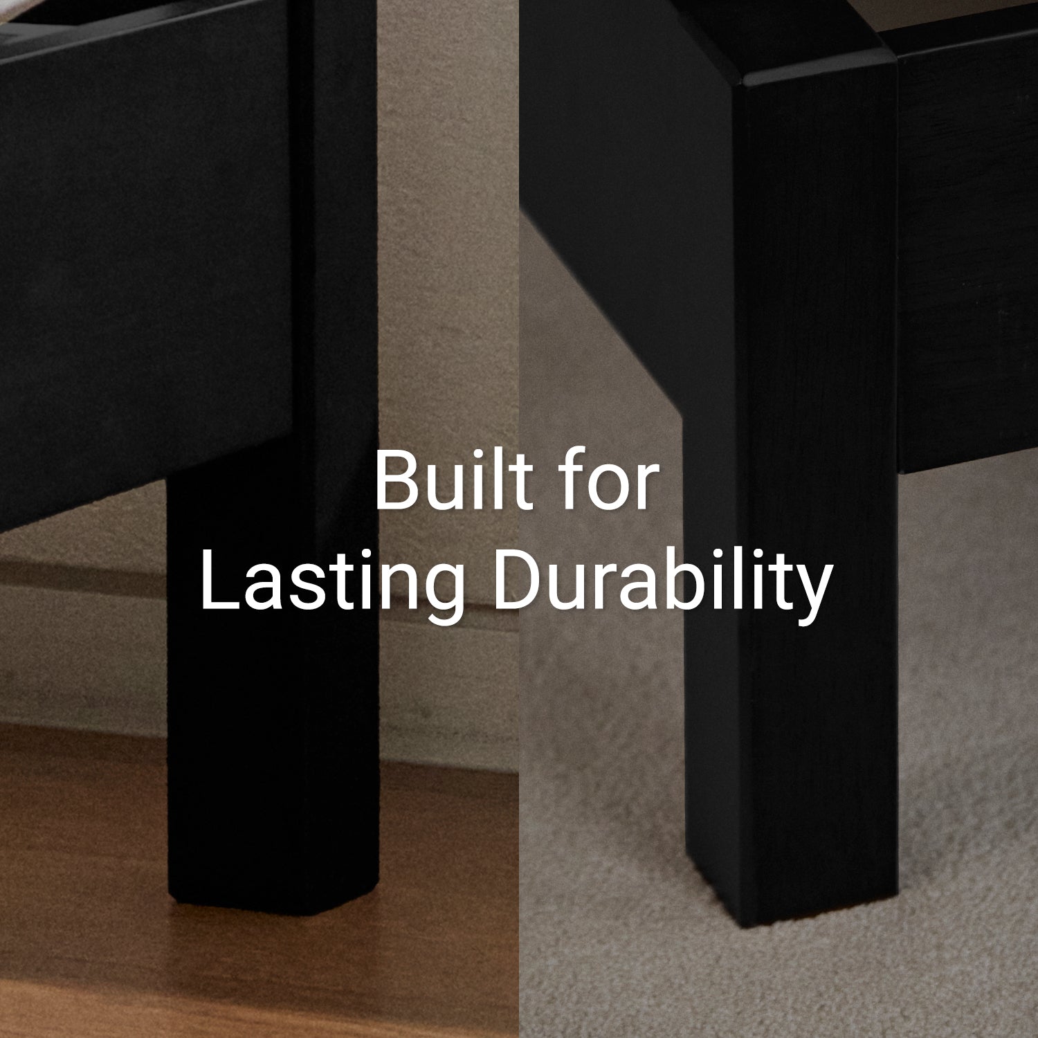 Close-up of black bed frame legs with text 'Built for Lasting Durability' on a neutral background