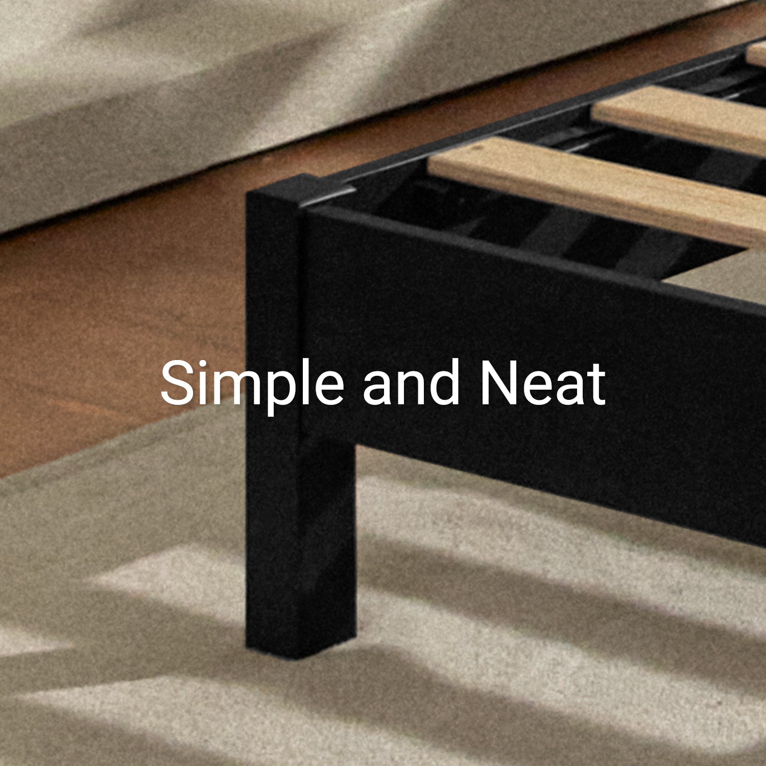 Black wooden bed frame with wooden slats on a carpeted floor, labeled 'Simple and Neat'.