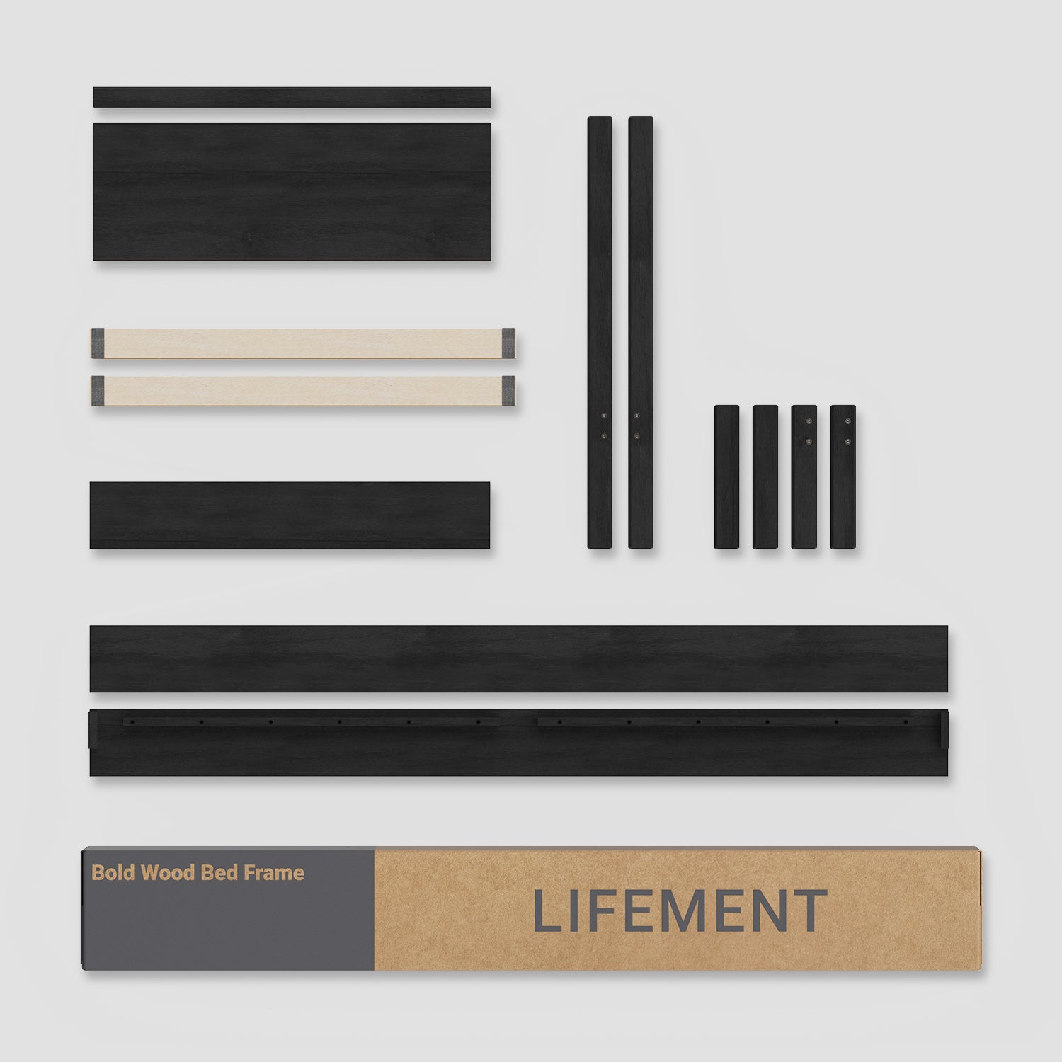 Collection of black wooden bed frame parts and packaging on a light gray background