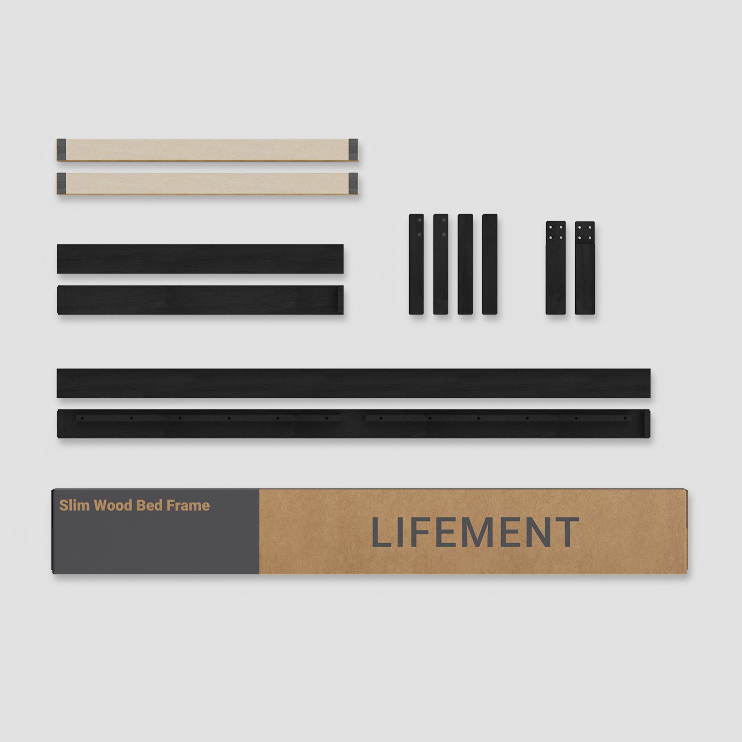 Complete Lifement Classic Bed Frame component layout in black showing all included parts, slats, hardware, and assembly tools