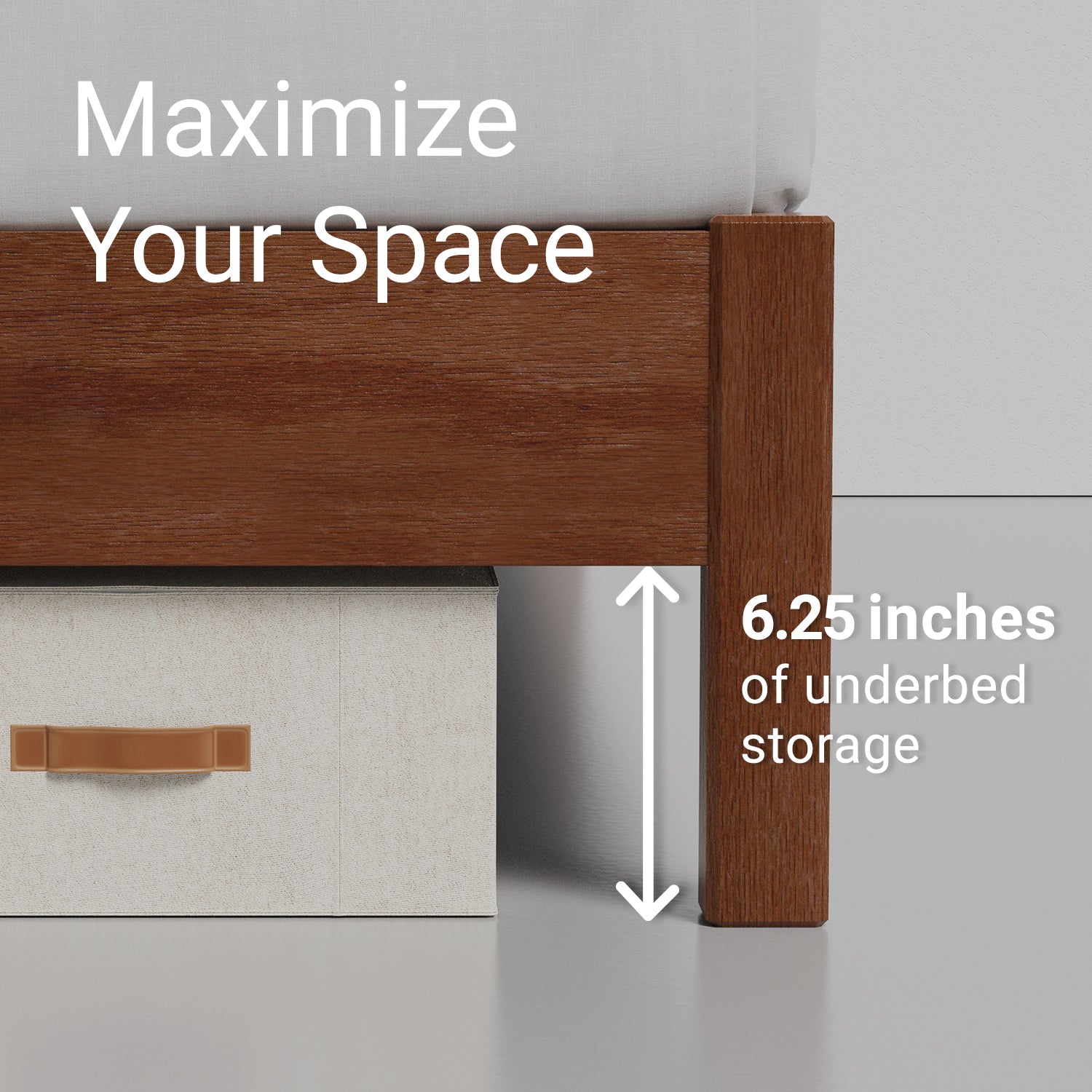 Cherry colored wooden bed frame with underbed storage space and text 'Maximize Your Space' and '6.25 inches of underbed storage'.