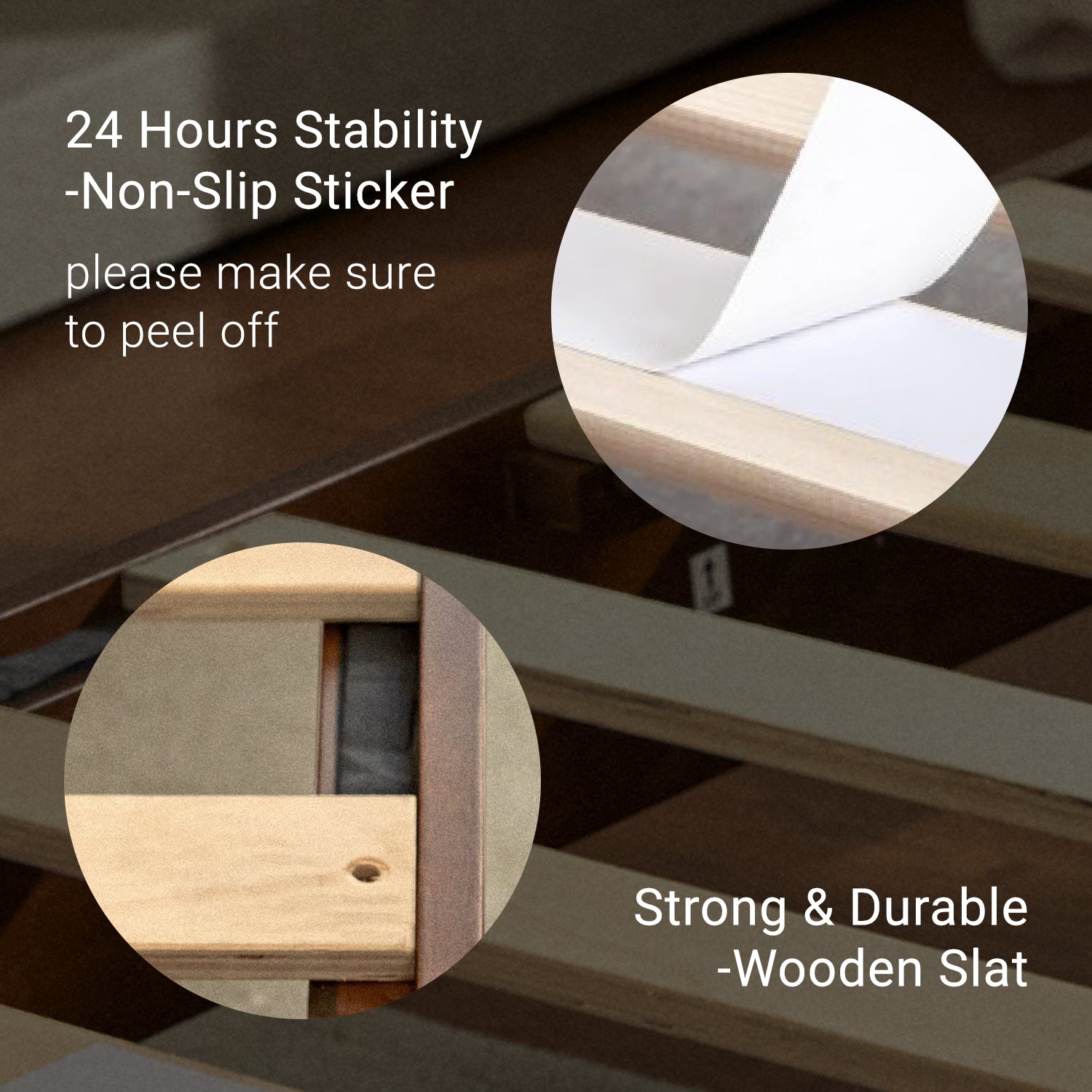 Wooden slat with non-slip sticker and text highlighting stability and durability.