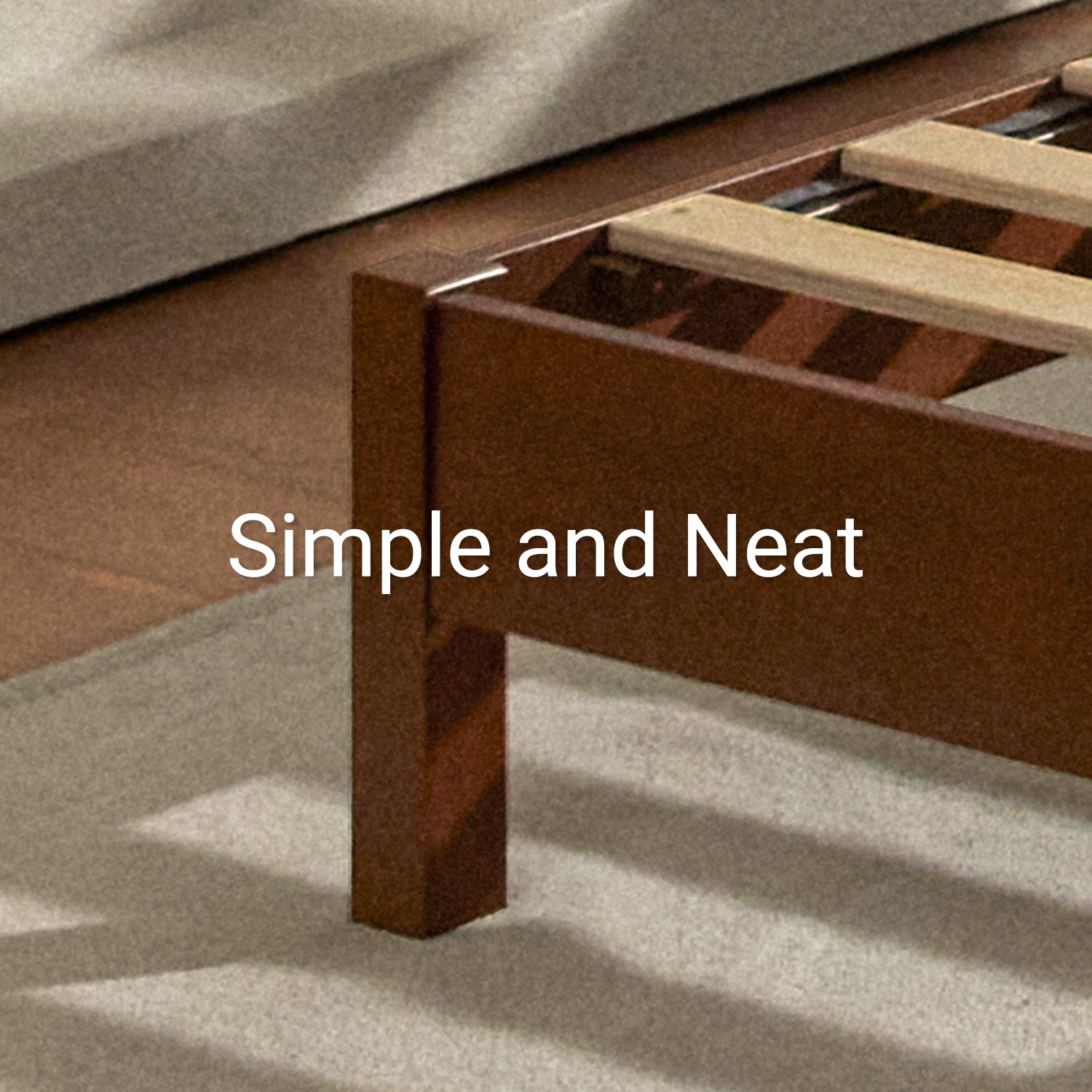 Cherry colored wooden bed frame corner with 'Simple and Neat' text overlay