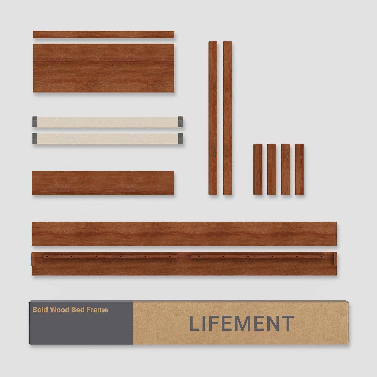 Cherry colored wooden bed frame parts and packaging labeled 'Lifement' on a white background