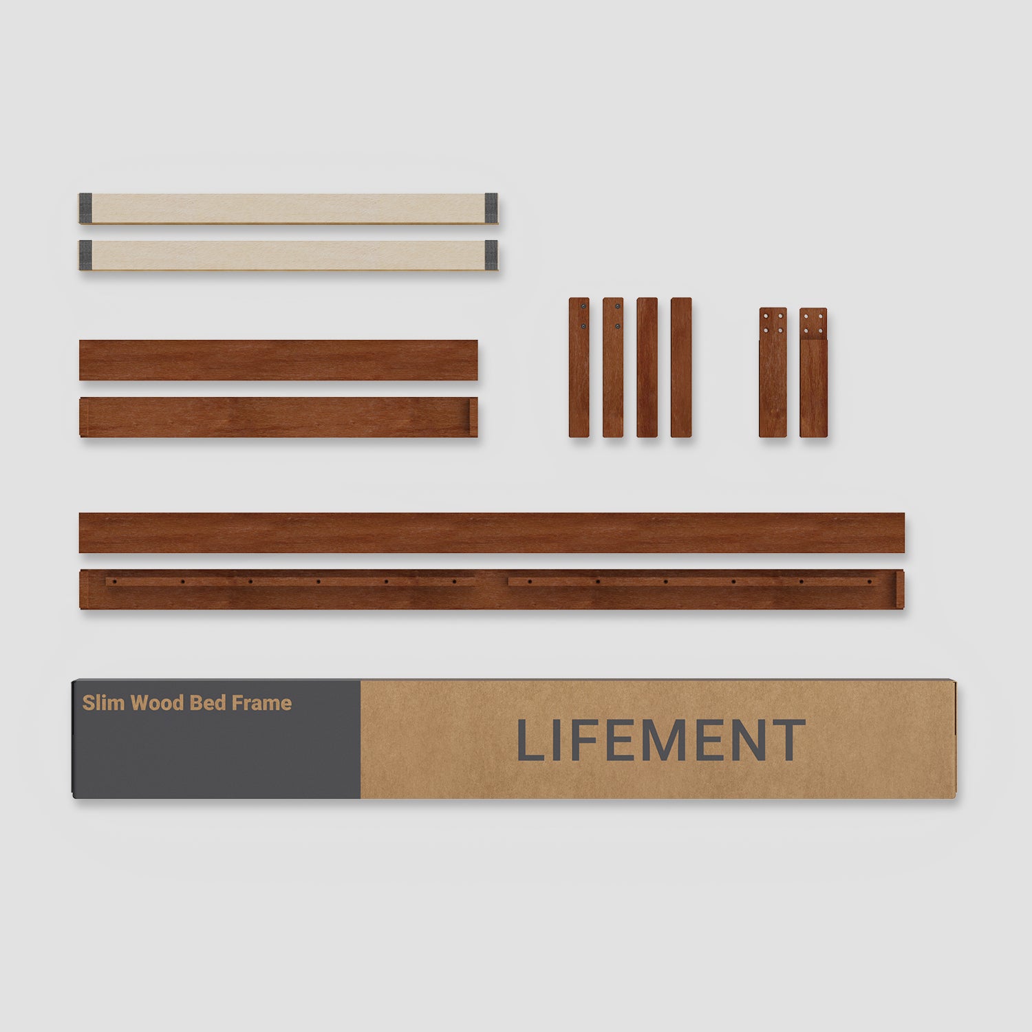 Complete Lifement Classic Bed Frame component layout in cherry showing all included parts, slats, hardware, and assembly tools