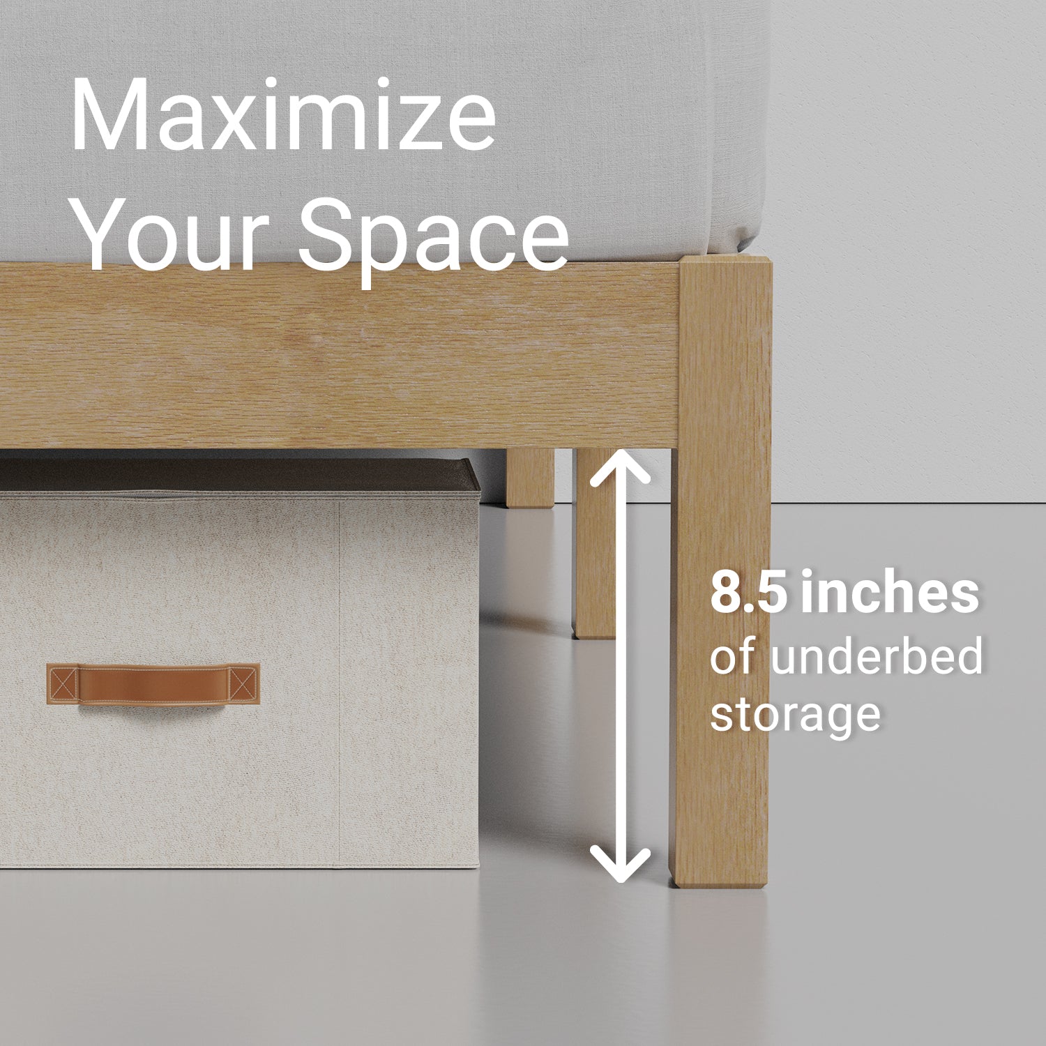 Demonstration of 8.5 inches of vertical storage underneath a natural colored wood bed frame with headboard