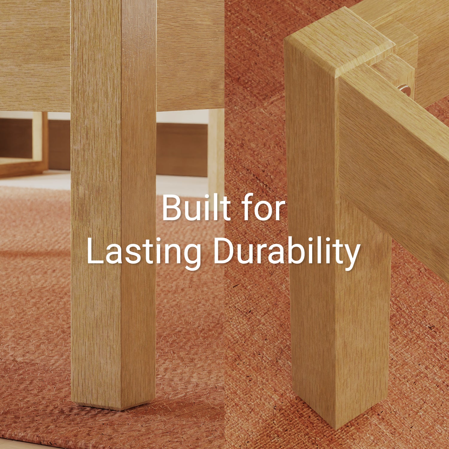 Close-up of Lifement Classic Bed Frame corner legs in natural finish showing solid rubber wood grain and construction