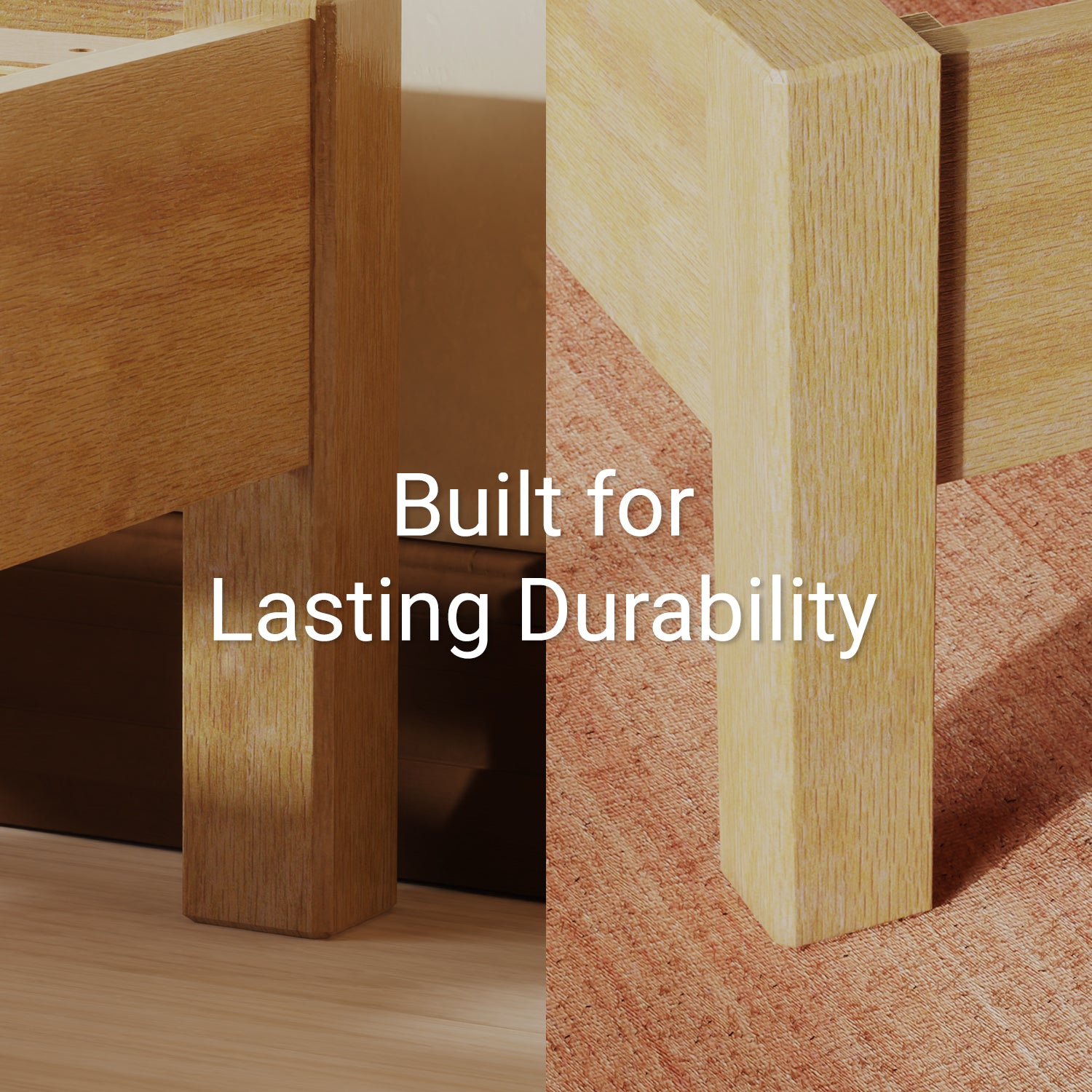 Natural colored wooden bed frame legs with text 'Built for Lasting Durability' on a neutral background