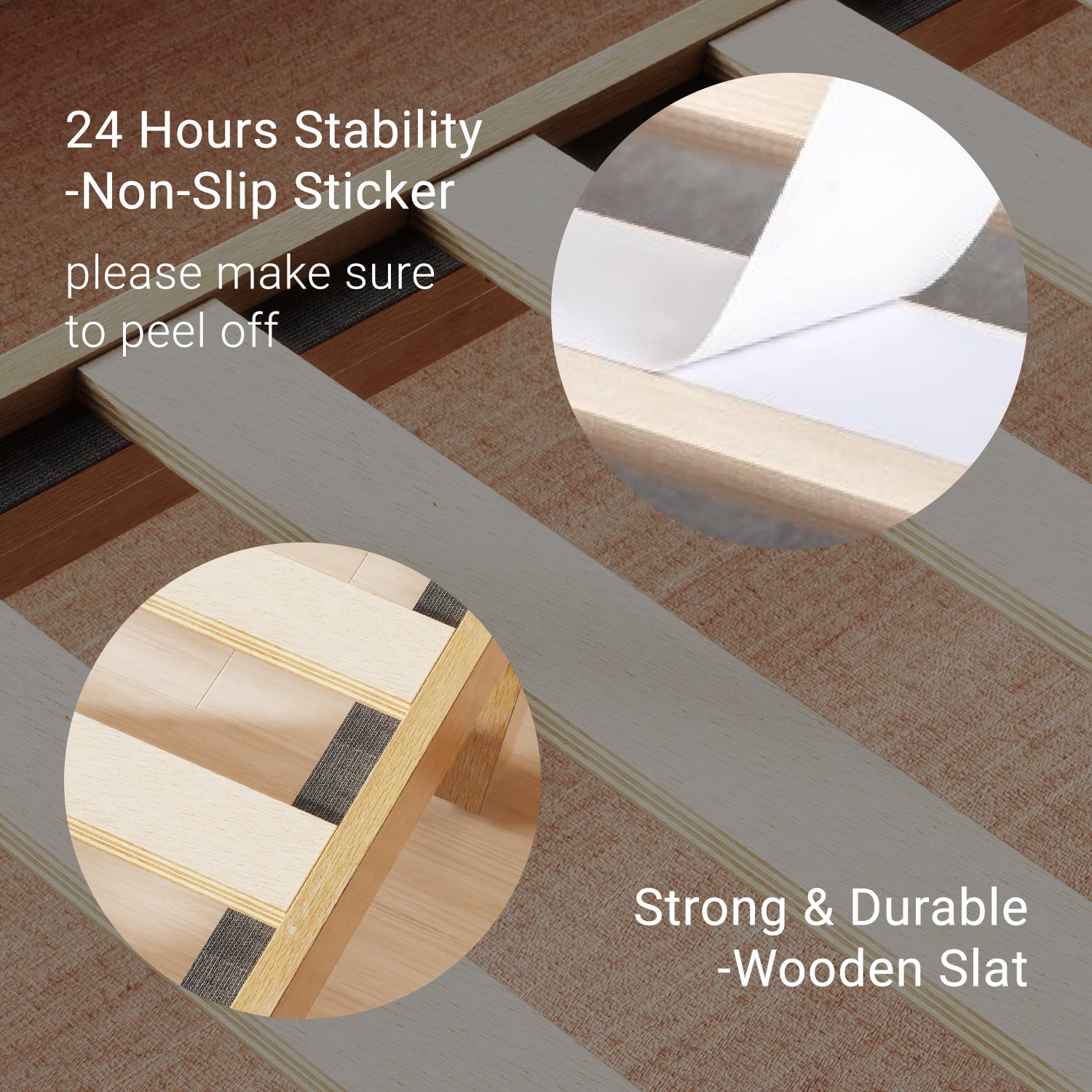 Lifement Classic Bed Frame reinforced wooden slat system in natural finish with non-slip pad stickers for stable support