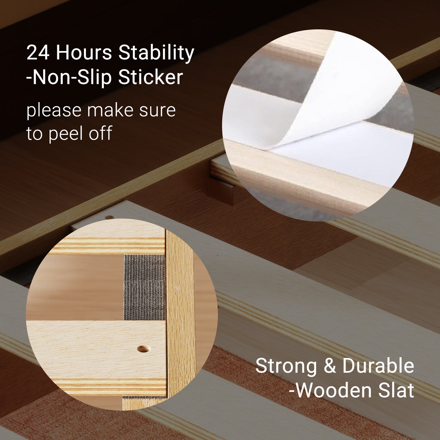 Wooden slat with non-slip sticker and text highlighting stability and durability.