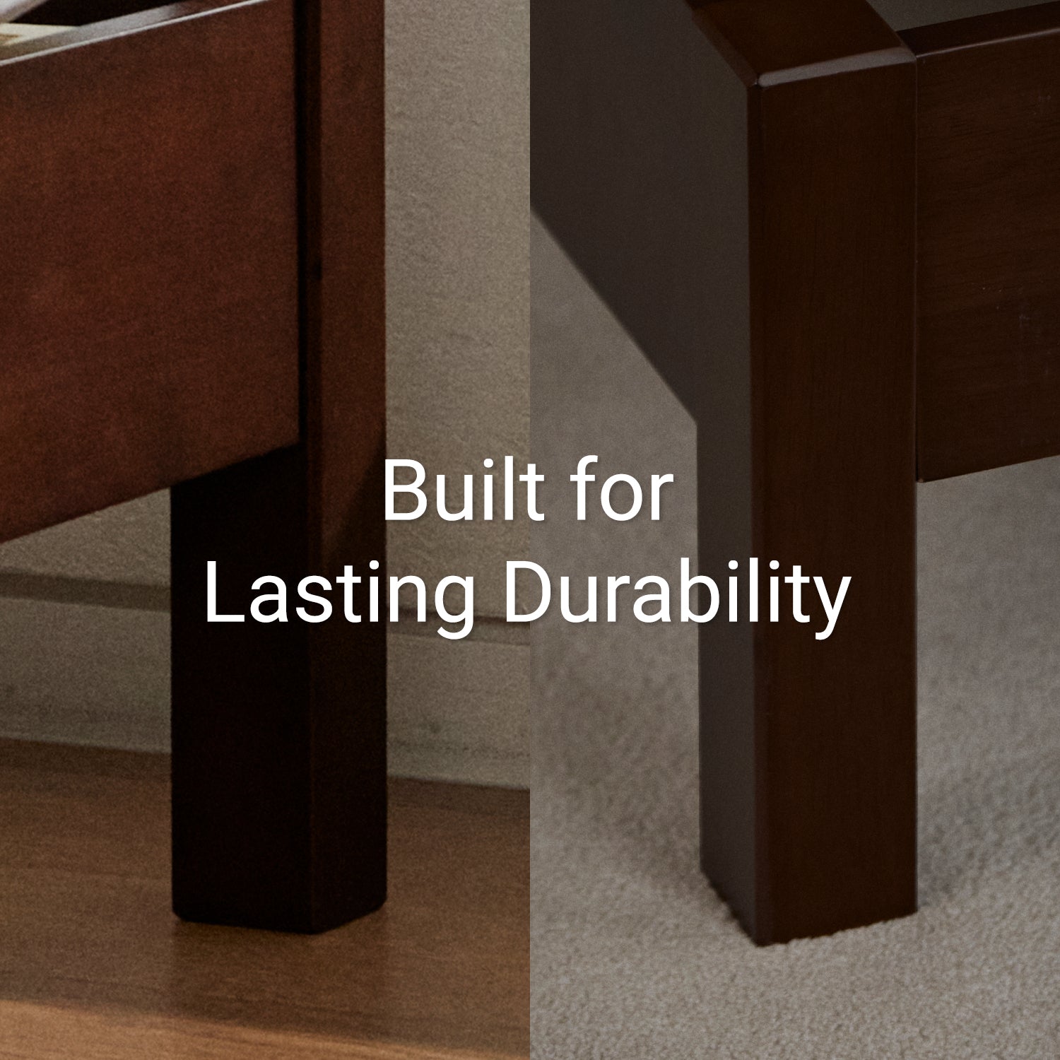 Walnut colored wooden bed frame legs with text 'Built for Lasting Durability' on a neutral background