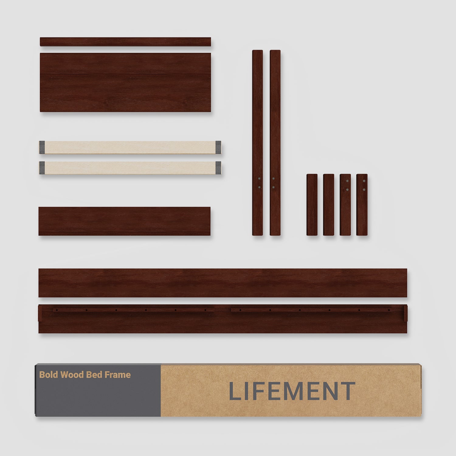 Walnut colored wooden bed frame parts and packaging labeled 'Lifement' on a light gray background