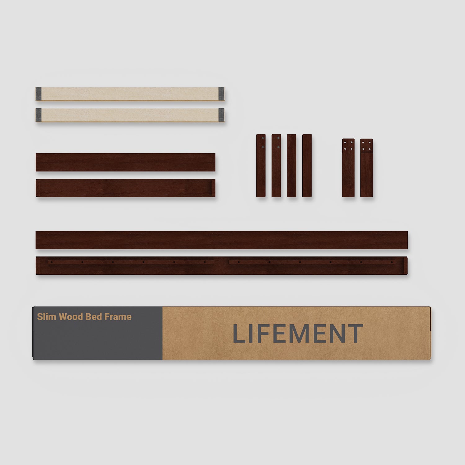 Complete Lifement Classic Bed Frame component layout in walnut showing all included parts, slats, hardware, and assembly tools